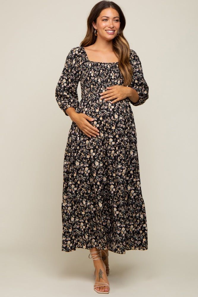 Black Floral Smocked Tiered Maternity Midi Dress sold by Pinkblush product image thumbnail 5