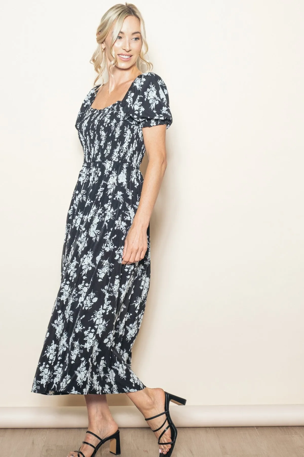Black Floral Smocked Sweetheart Neckline Midi Dress sold by Pinkblush product image thumbnail 2