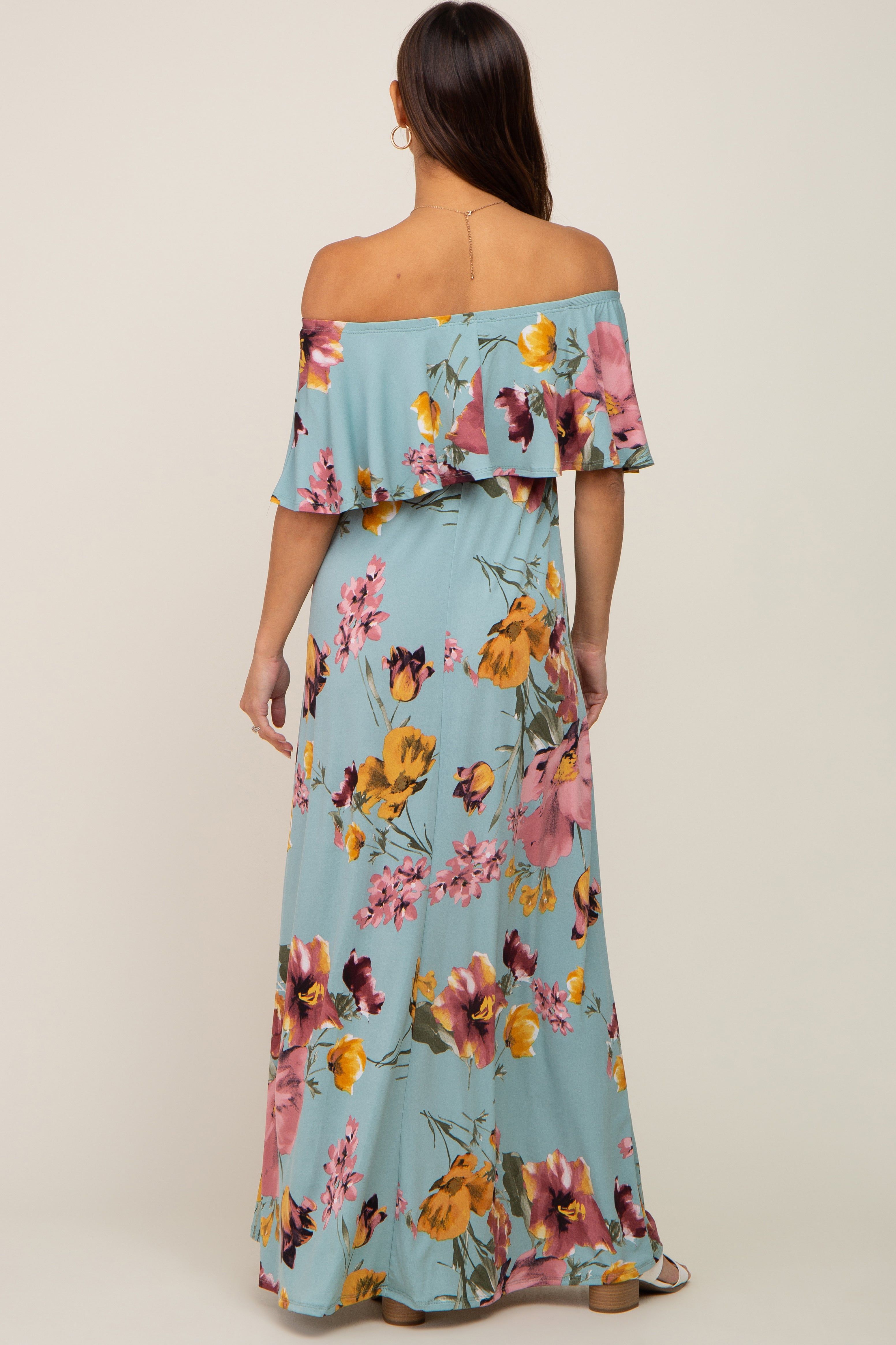 Mint Green Floral Off Shoulder Maternity Maxi Dress sold by Pinkblush product image thumbnail 3