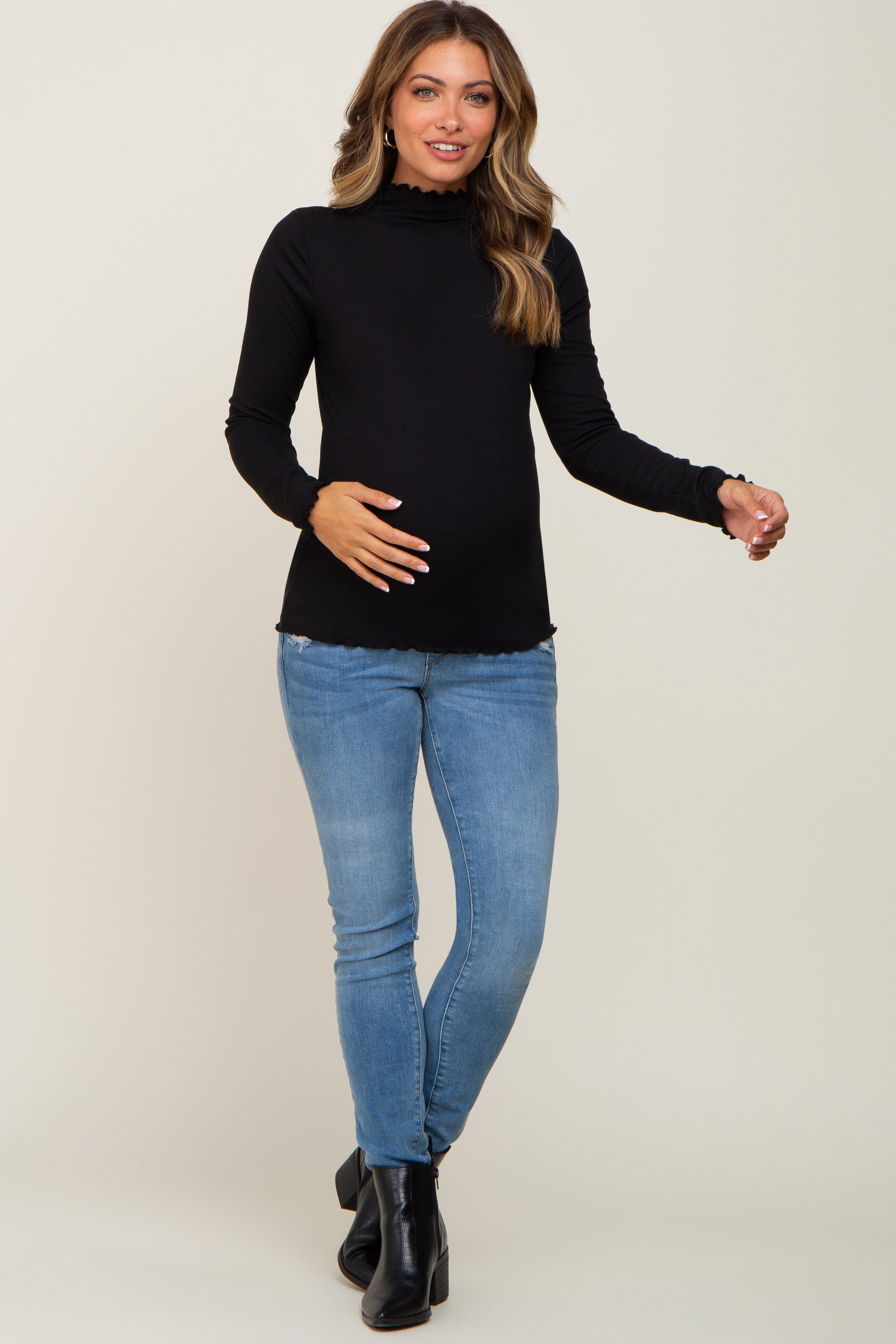 Black Ribbed Mock Neck Lettuce Trim Maternity Long Sleeve Top sold by Pinkblush product image thumbnail 4