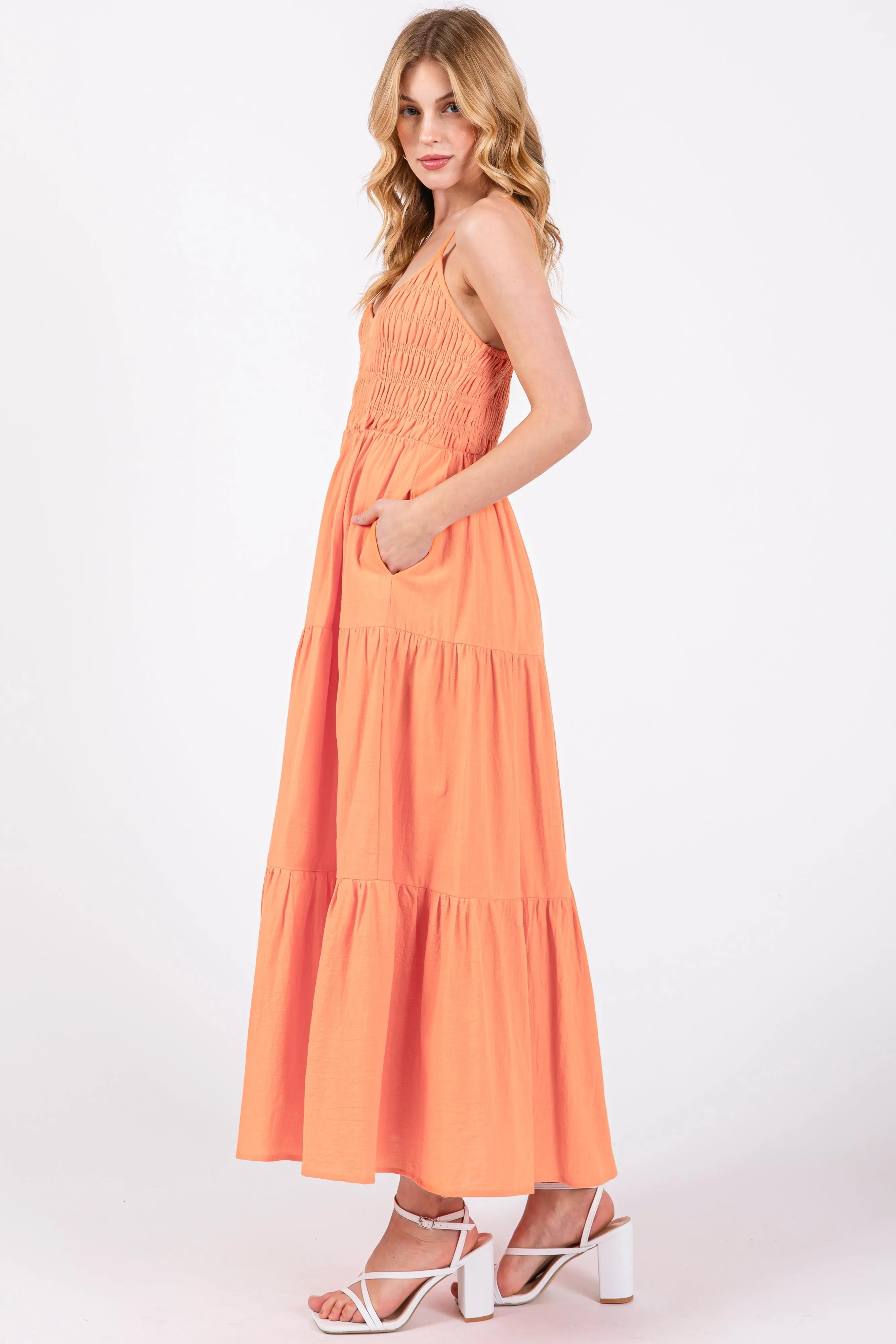 Orange Smocked V-Neck Sleeveless Tiered Midi Dress sold by Pinkblush product image thumbnail 2