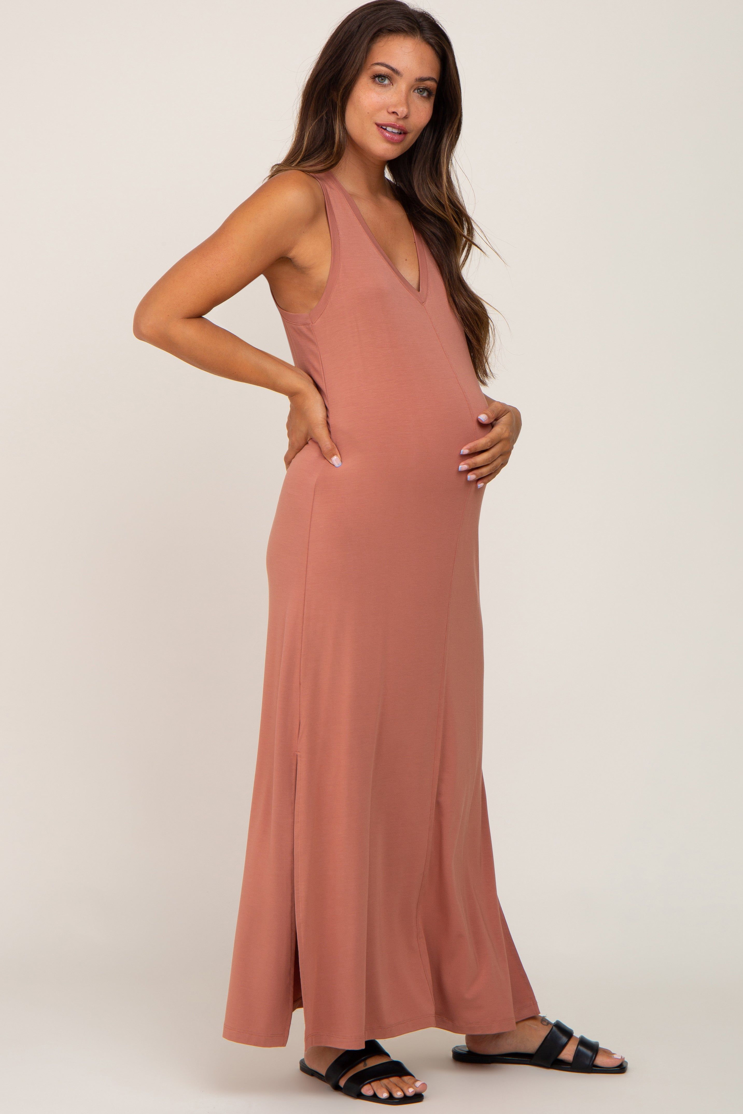Rust V-Neck Side Slit Sleeveless Maternity Midi Dress sold by Pinkblush product image thumbnail 2