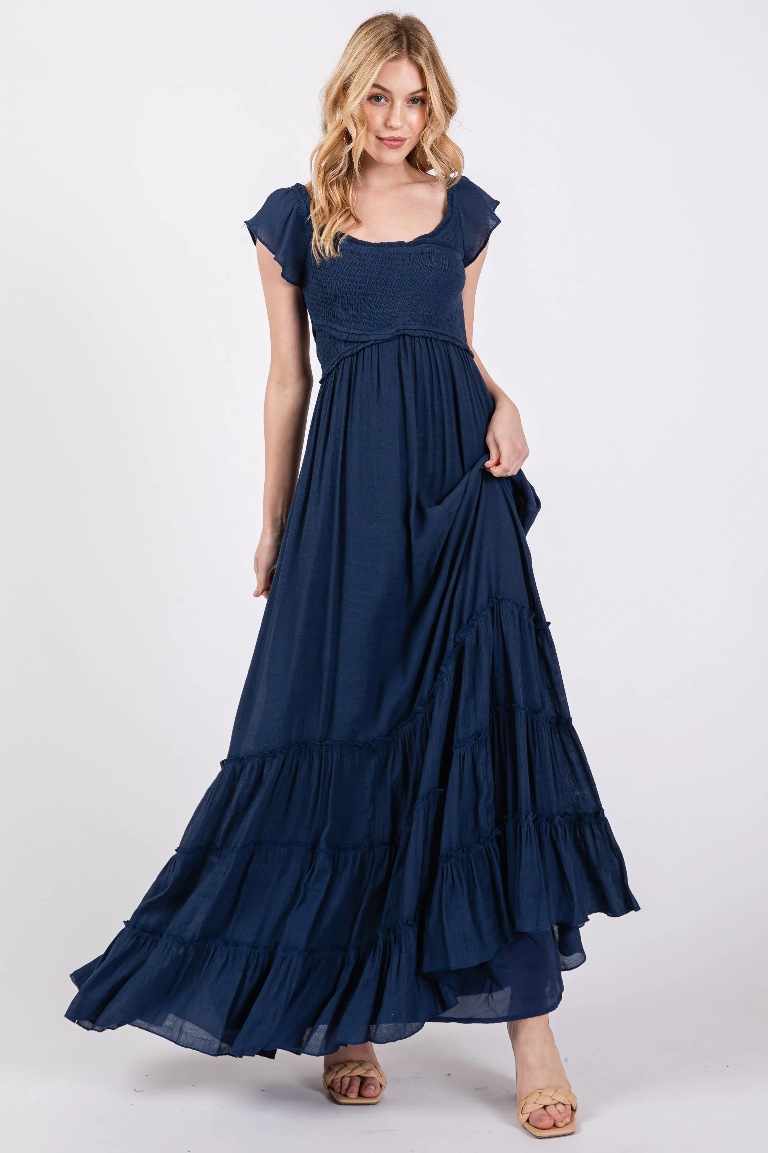 Navy Smocked Crossover Off Shoulder Maxi Dress sold by Pinkblush