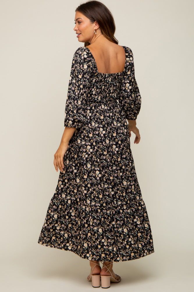 Black Floral Smocked Tiered Maternity Midi Dress sold by Pinkblush product image thumbnail 3