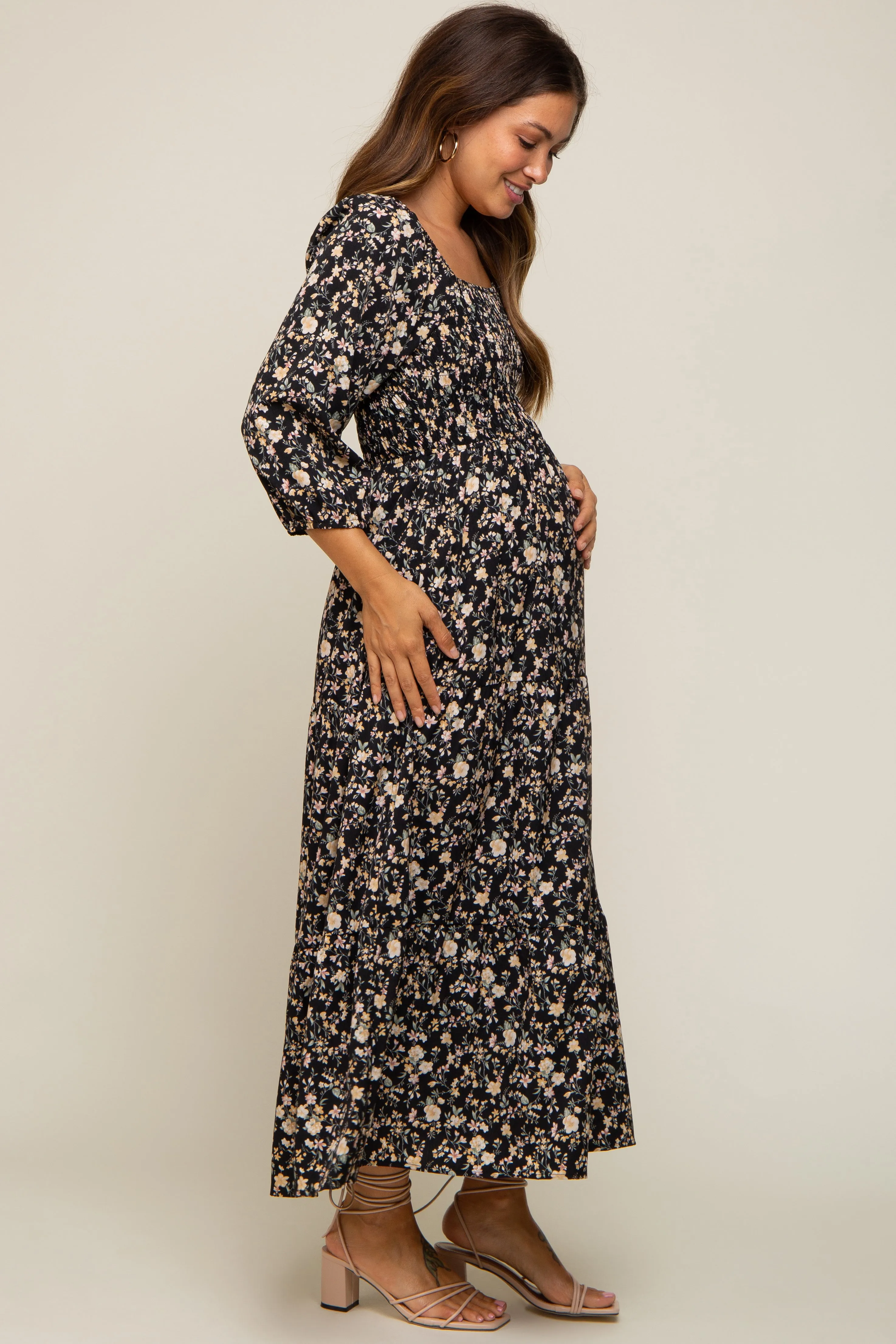 Black Floral Smocked Tiered Maternity Midi Dress sold by Pinkblush product image thumbnail 3