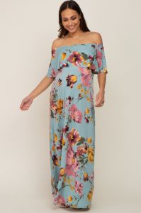 Mint Green Floral Off Shoulder Maternity Maxi Dress sold by Pinkblush