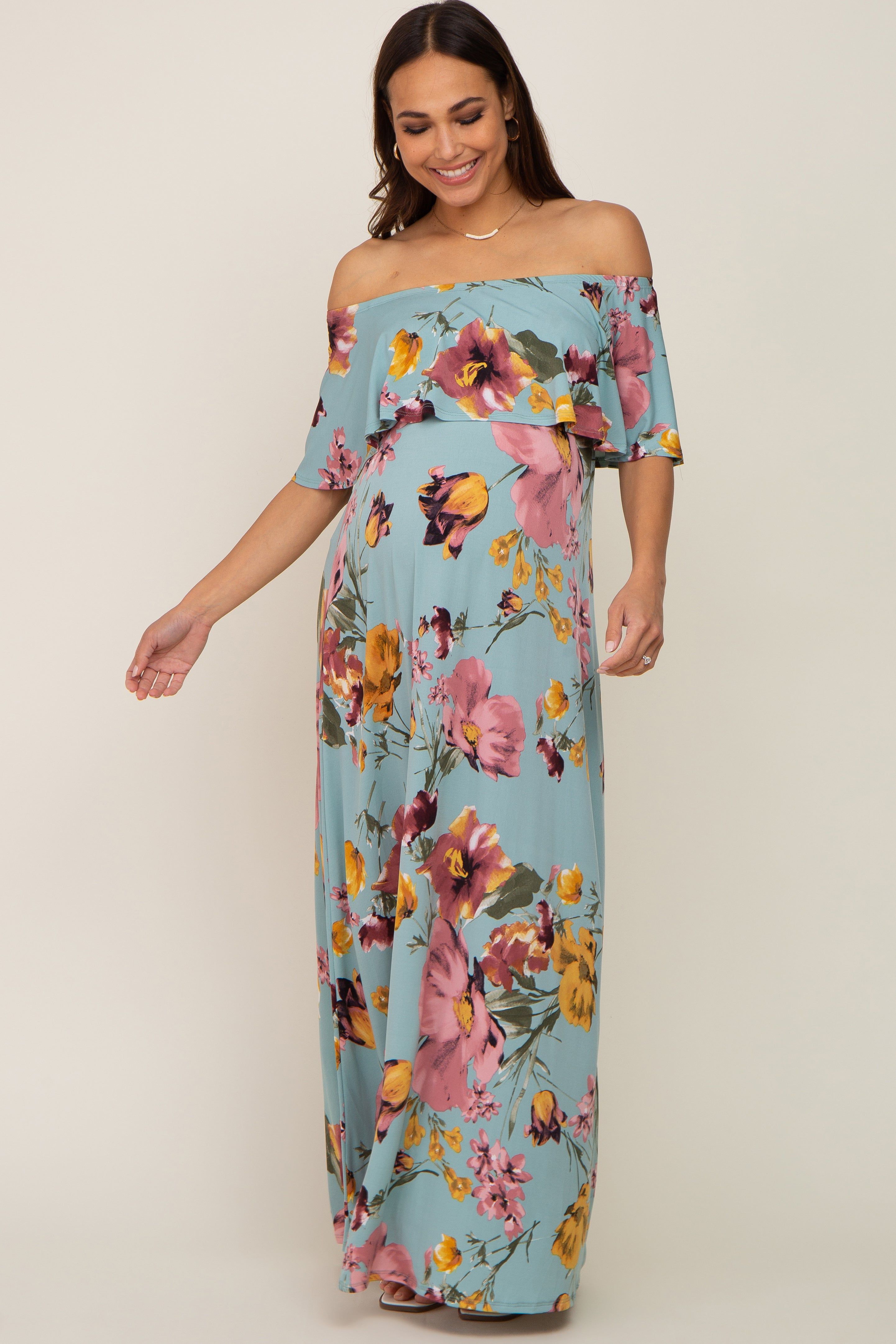 Mint Green Floral Off Shoulder Maternity Maxi Dress sold by Pinkblush product image thumbnail 4