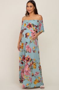 Mint Green Floral Off Shoulder Maternity Maxi Dress sold by Pinkblush