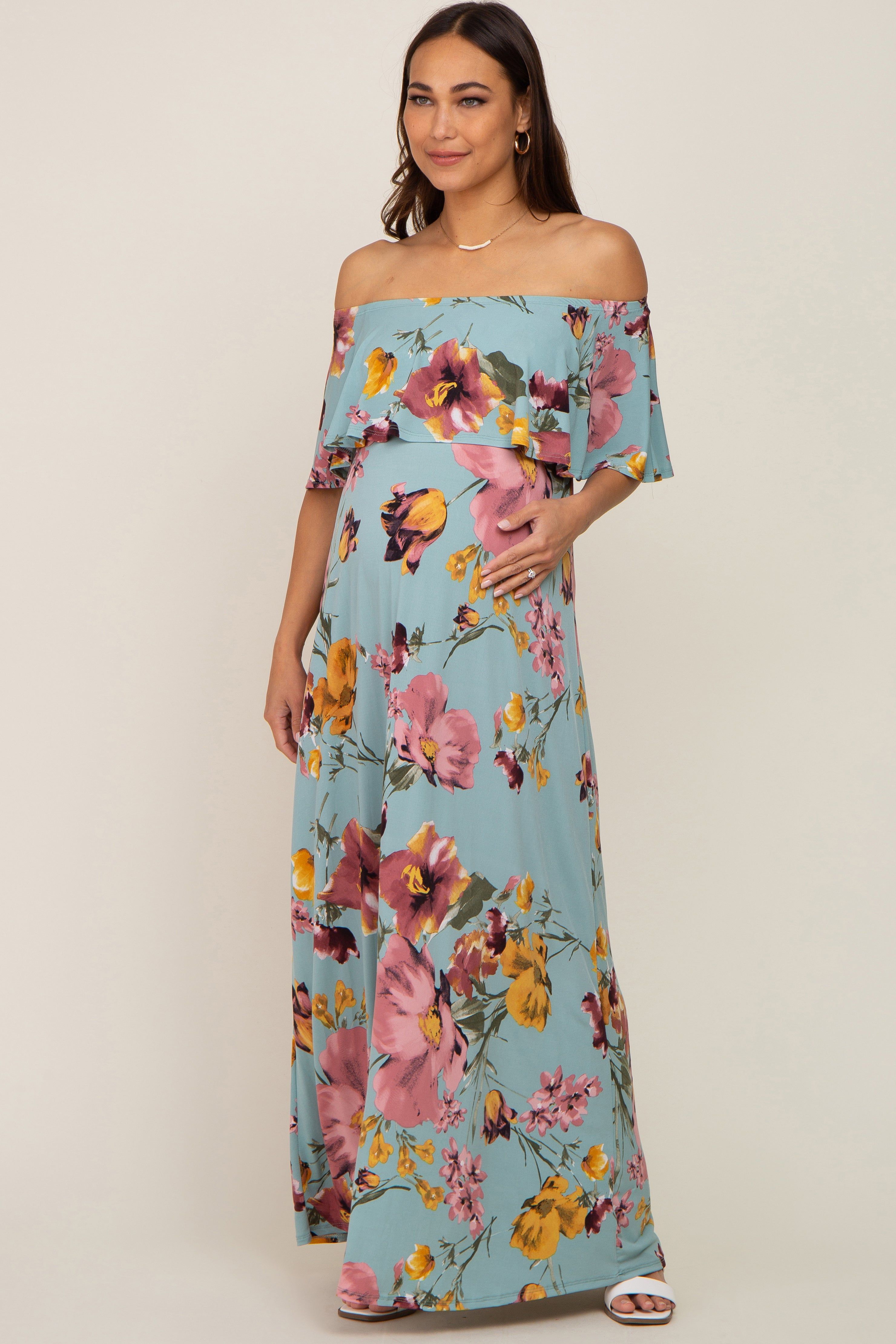 Mint Green Floral Off Shoulder Maternity Maxi Dress sold by Pinkblush