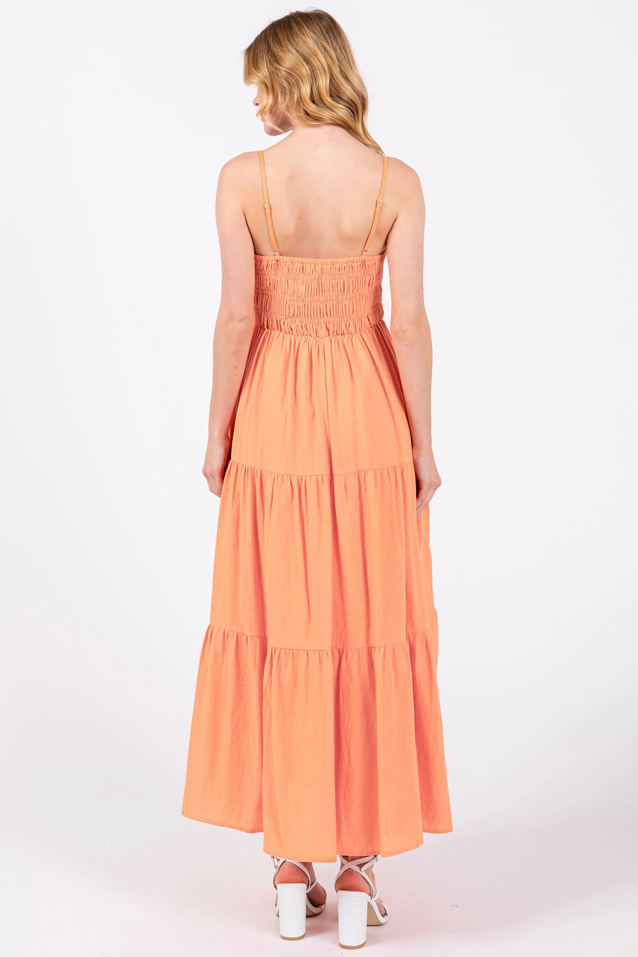 Orange Smocked V-Neck Sleeveless Tiered Midi Dress sold by Pinkblush product image thumbnail 3