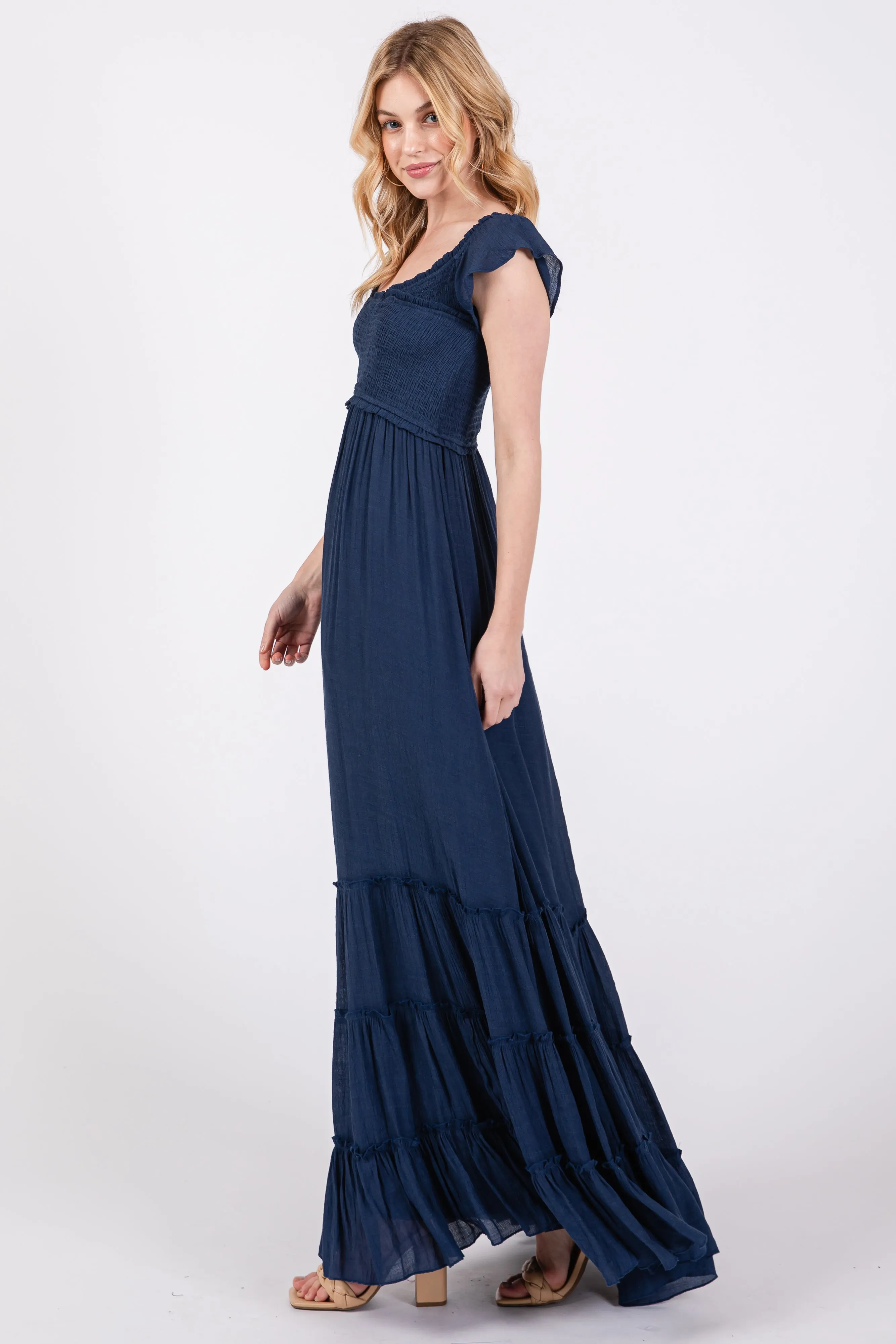 Navy Smocked Crossover Off Shoulder Maxi Dress sold by Pinkblush product image thumbnail 2