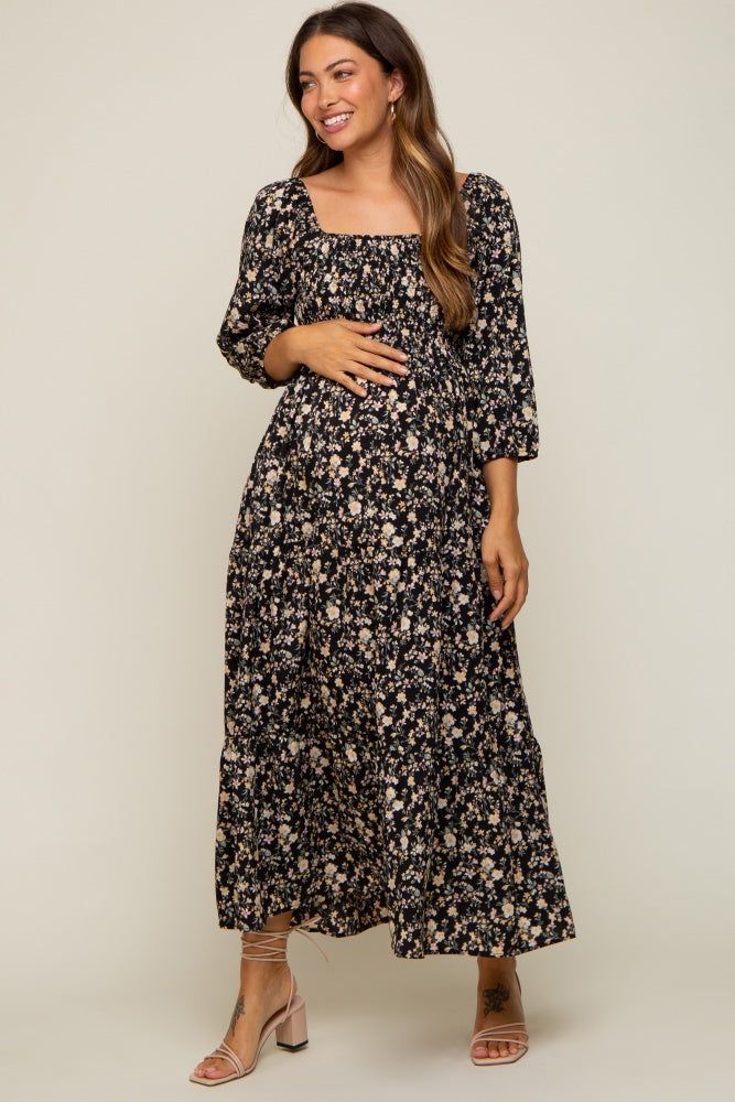 Black Floral Smocked Tiered Maternity Midi Dress sold by Pinkblush product image thumbnail 4