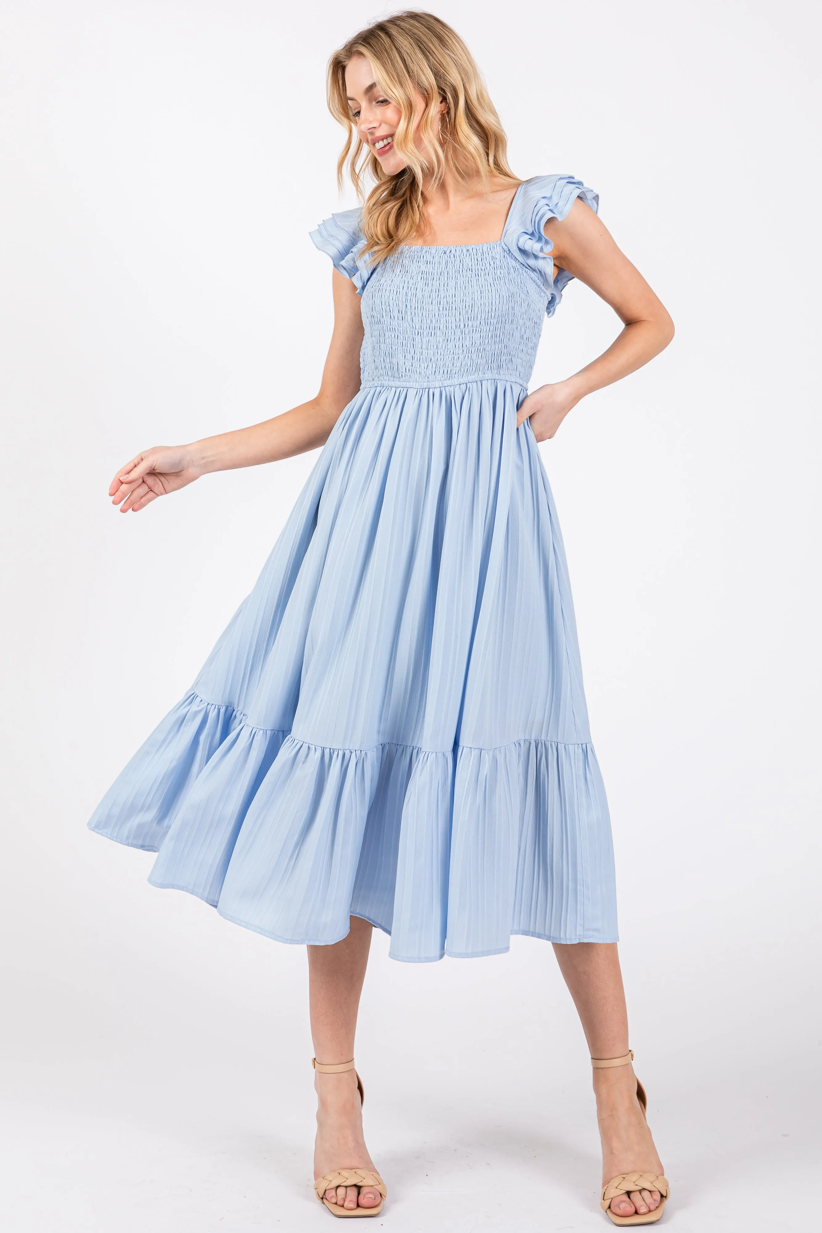 Light Blue Striped Flutter Sleeve Midi Dress sold by Pinkblush