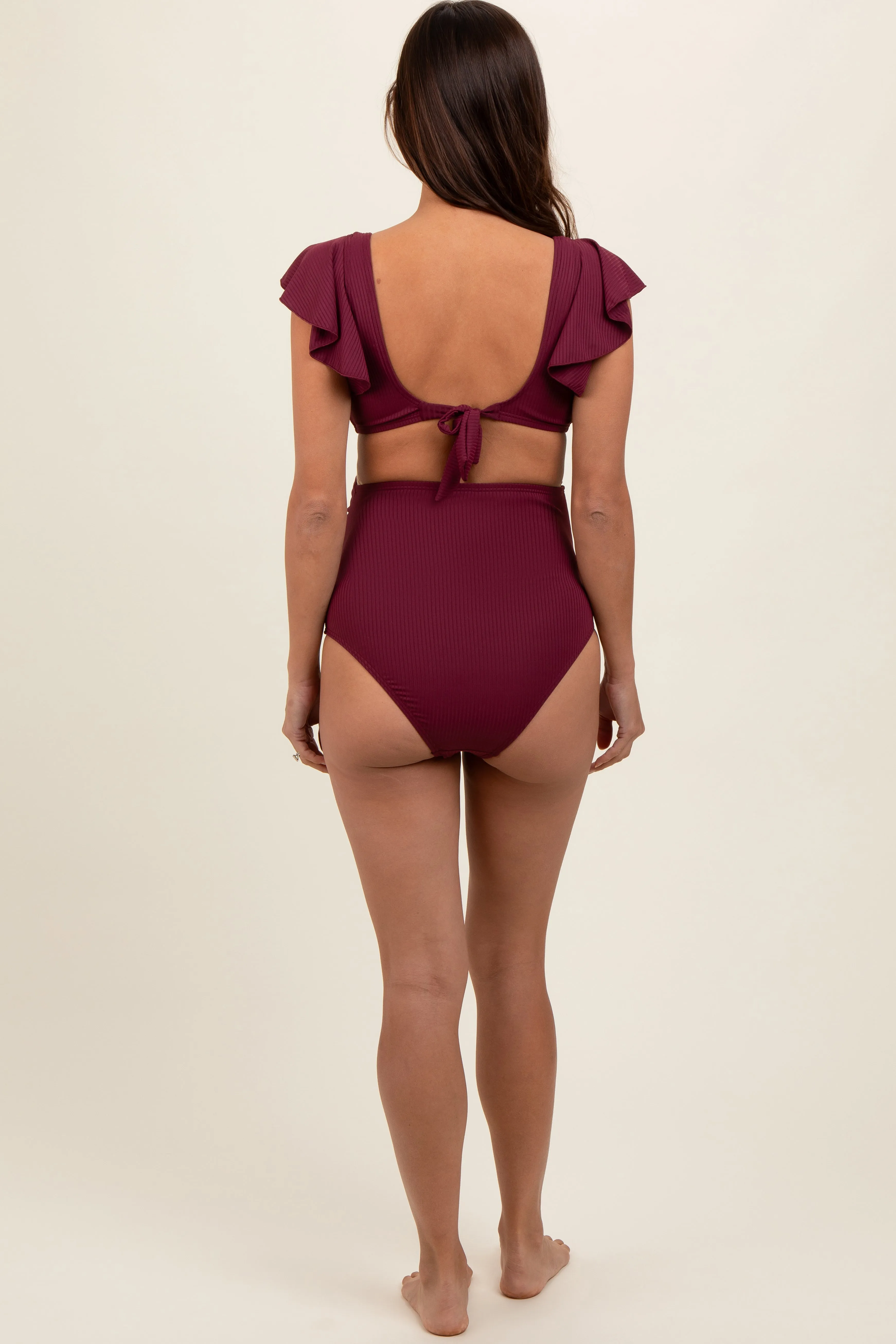 Burgundy Ribbed Ruffle Shoulder Front Tie High Waist Two-Piece Maternity Swimsuit sold by Pinkblush product image thumbnail 3