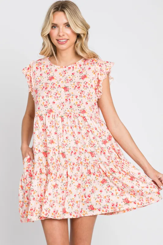 Light Peach Floral Ruffle Accent Mini Dress sold by Pinkblush