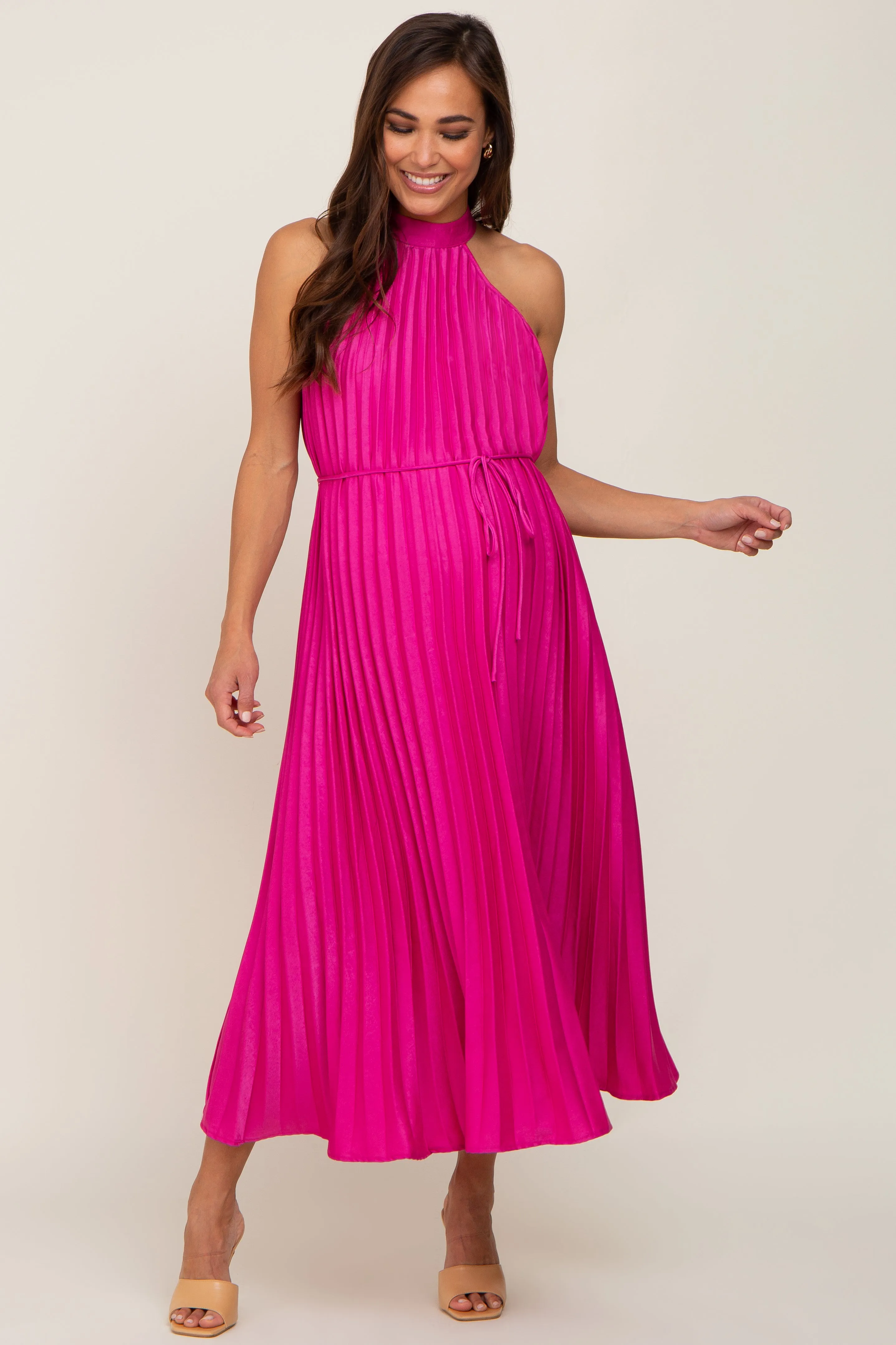 Fuchsia Pleated Maternity Halter Dress sold by Pinkblush