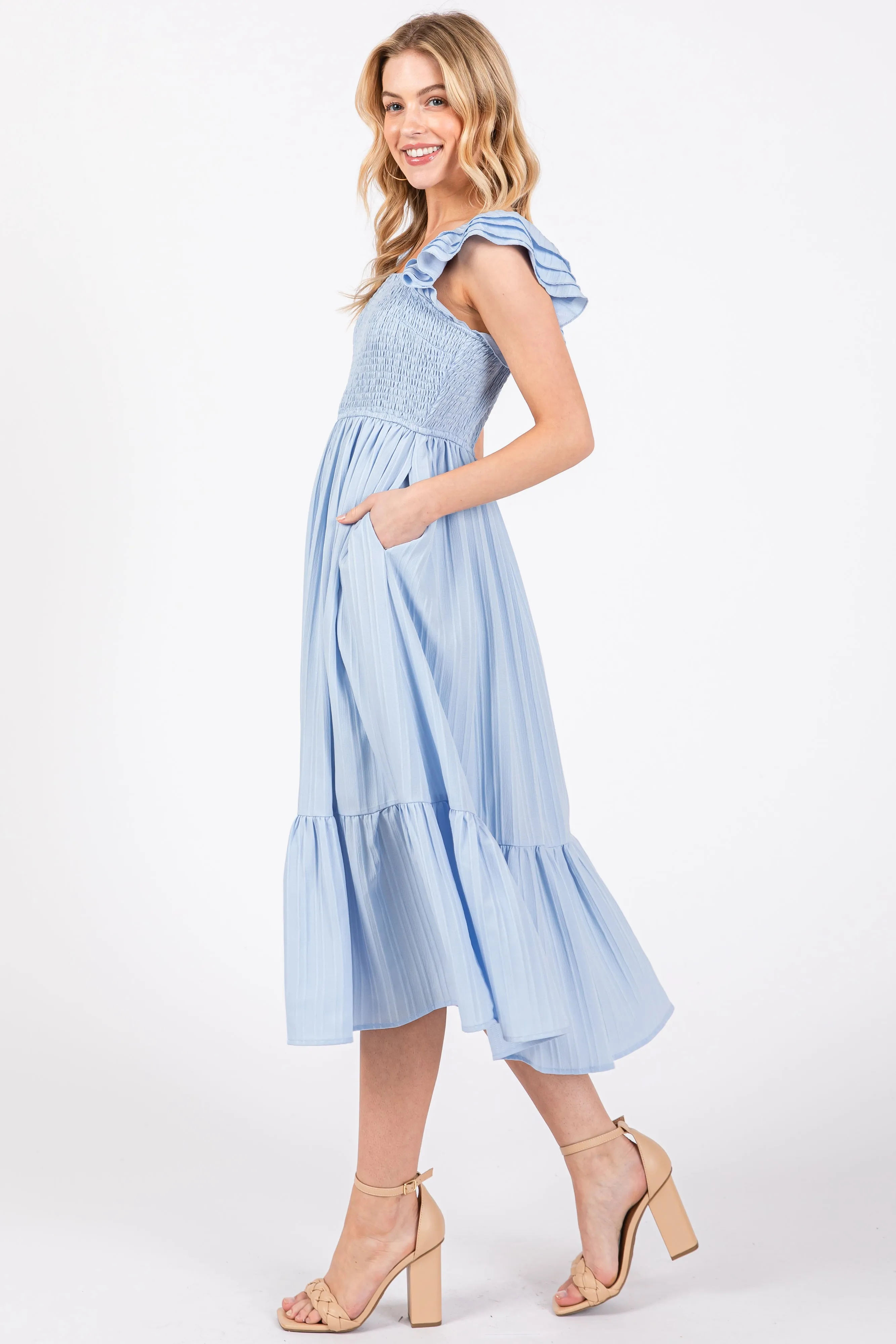 Light Blue Striped Flutter Sleeve Midi Dress sold by Pinkblush product image thumbnail 2