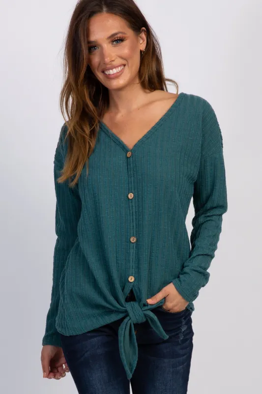 Teal Ribbed Knit Button Tie Front Top sold by Pinkblush