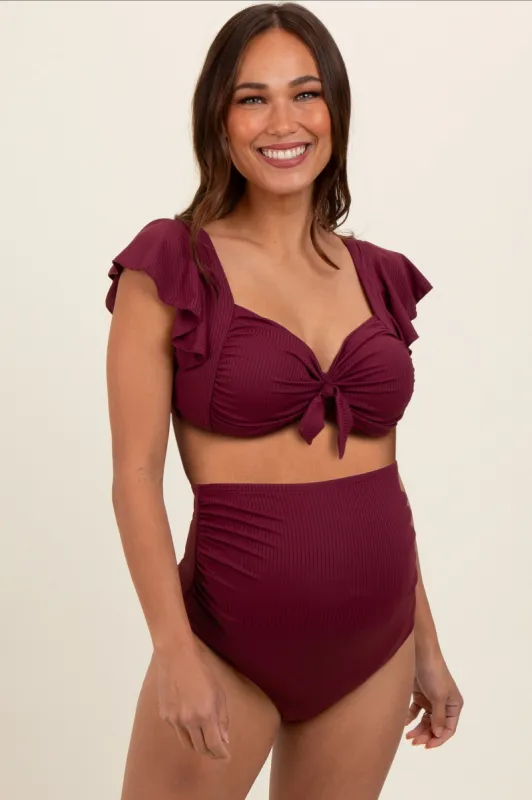 Burgundy Ribbed Ruffle Shoulder Front Tie High Waist Two-Piece Maternity Swimsuit sold by Pinkblush