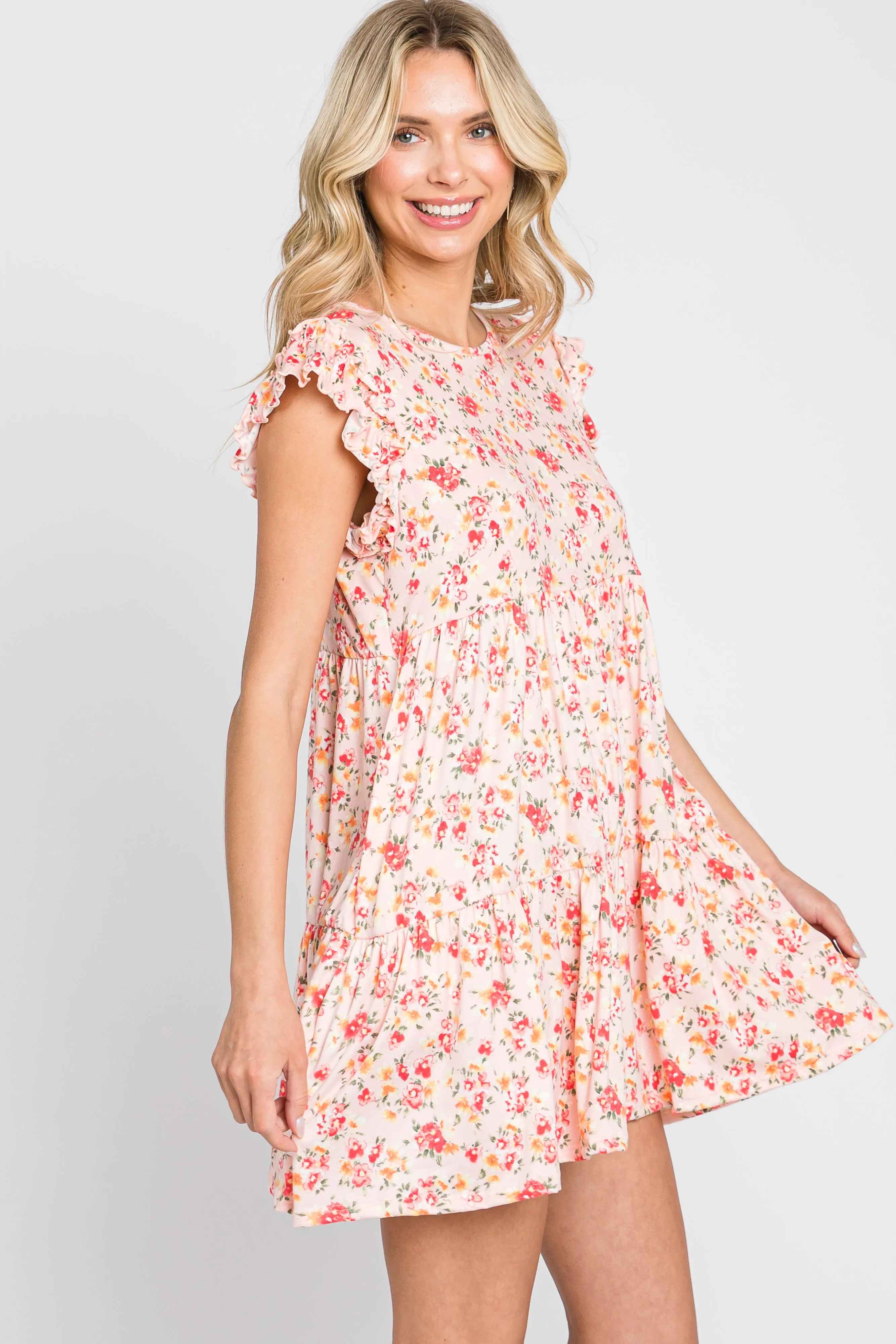 Light Peach Floral Ruffle Accent Mini Dress sold by Pinkblush product image thumbnail 2