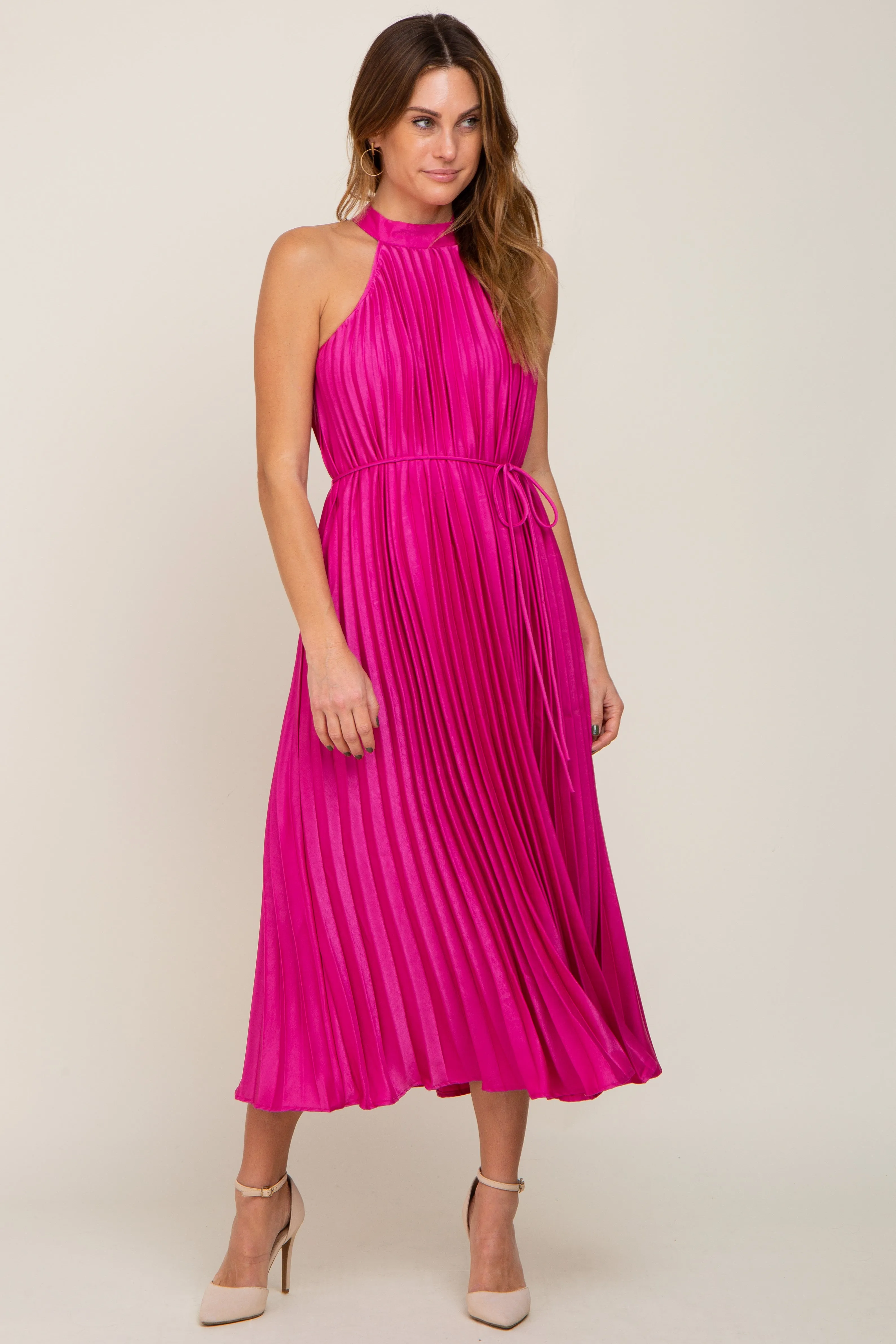 Fuchsia Pleated Maternity Halter Dress sold by Pinkblush product image thumbnail 4