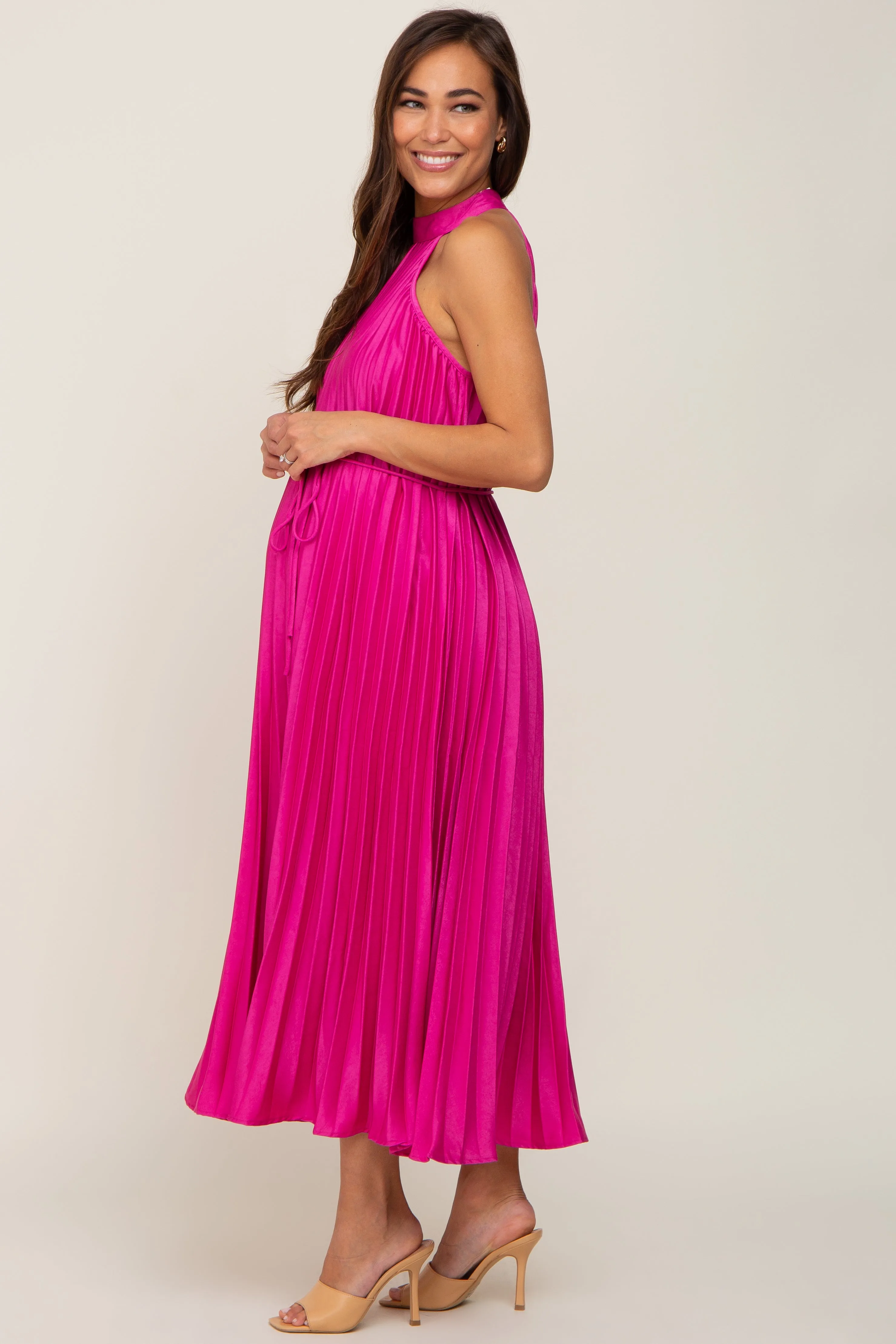 Fuchsia Pleated Maternity Halter Dress sold by Pinkblush product image thumbnail 2
