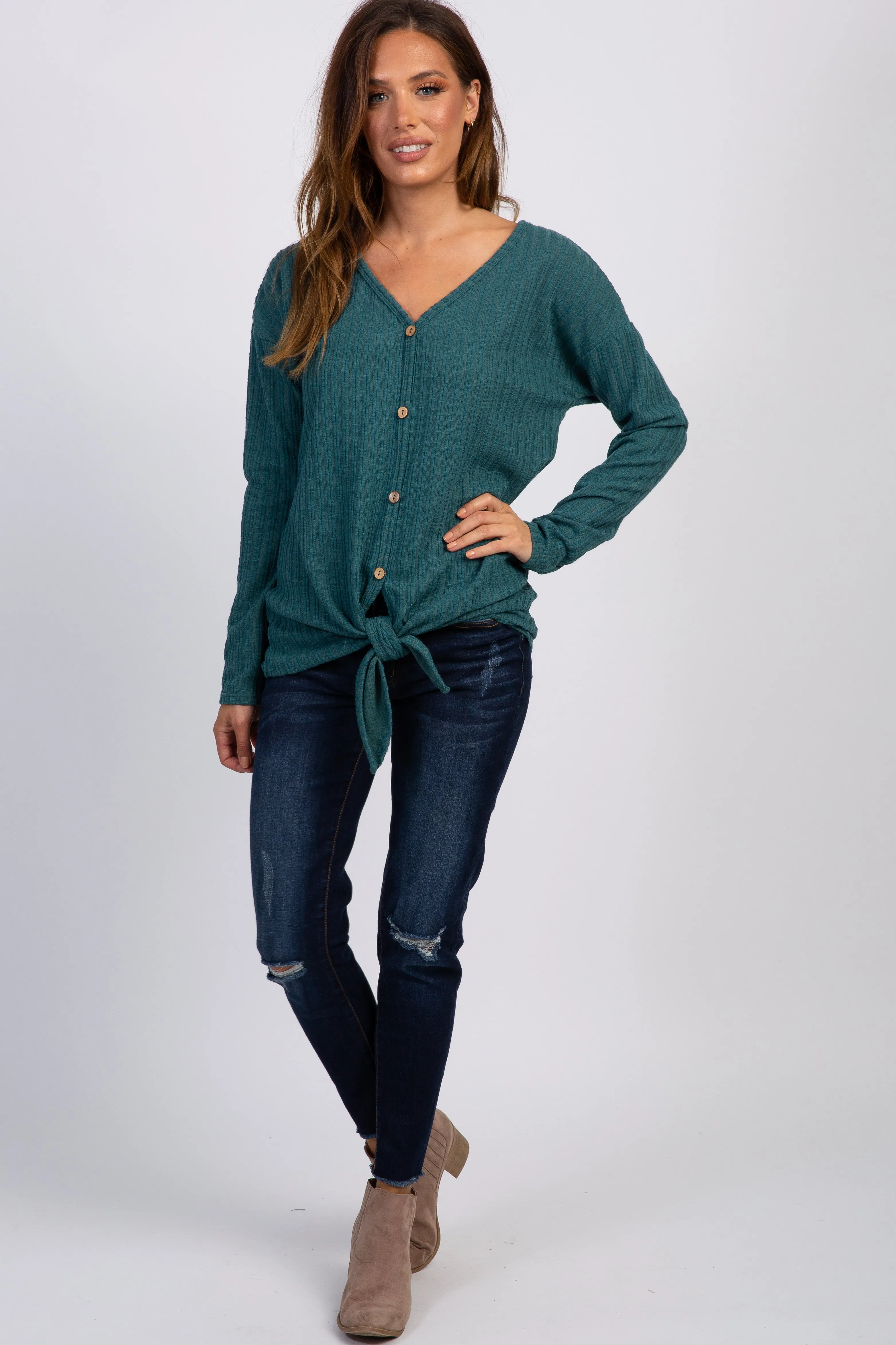 Teal Ribbed Knit Button Tie Front Top sold by Pinkblush product image thumbnail 4