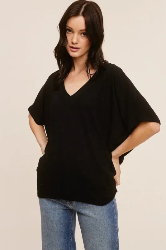 Black V-Neck Crepe Knit Top sold by Pinkblush