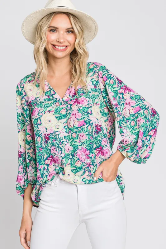 Jade Floral V-Neck 3/4 Sleeve Blouse sold by Pinkblush