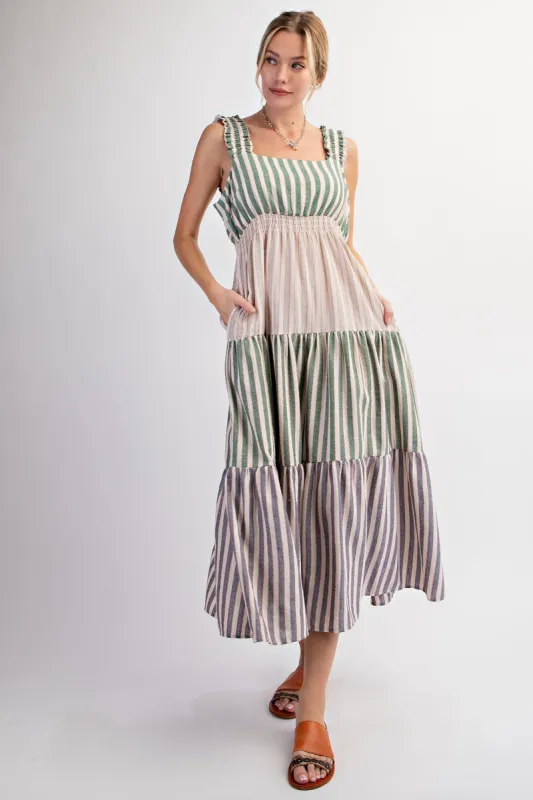 Green Colorblock Striped Tiered Midi Dress sold by Pinkblush