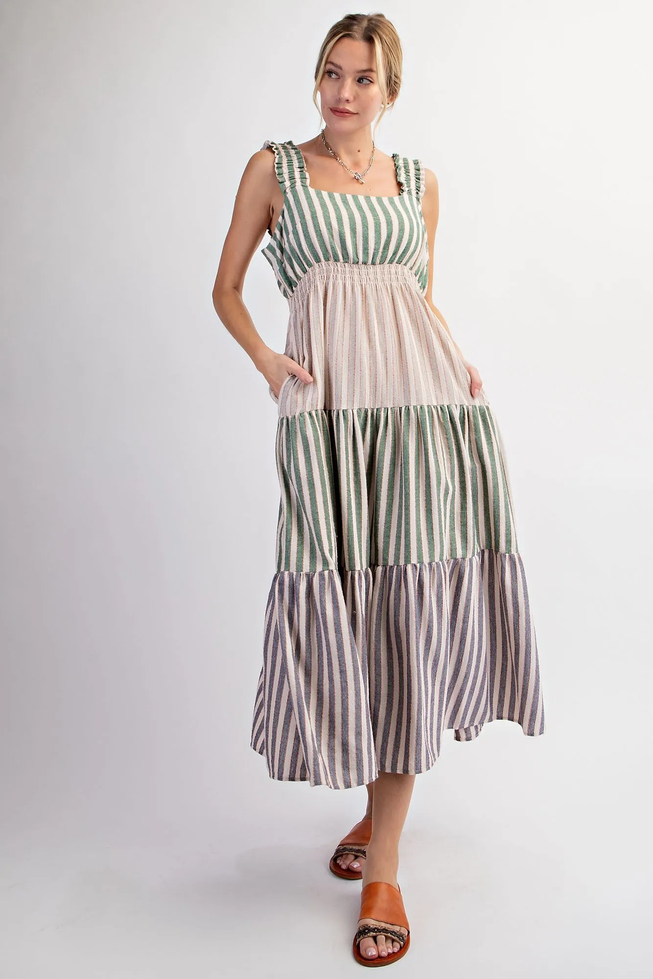 Green Colorblock Striped Tiered Midi Dress sold by Pinkblush