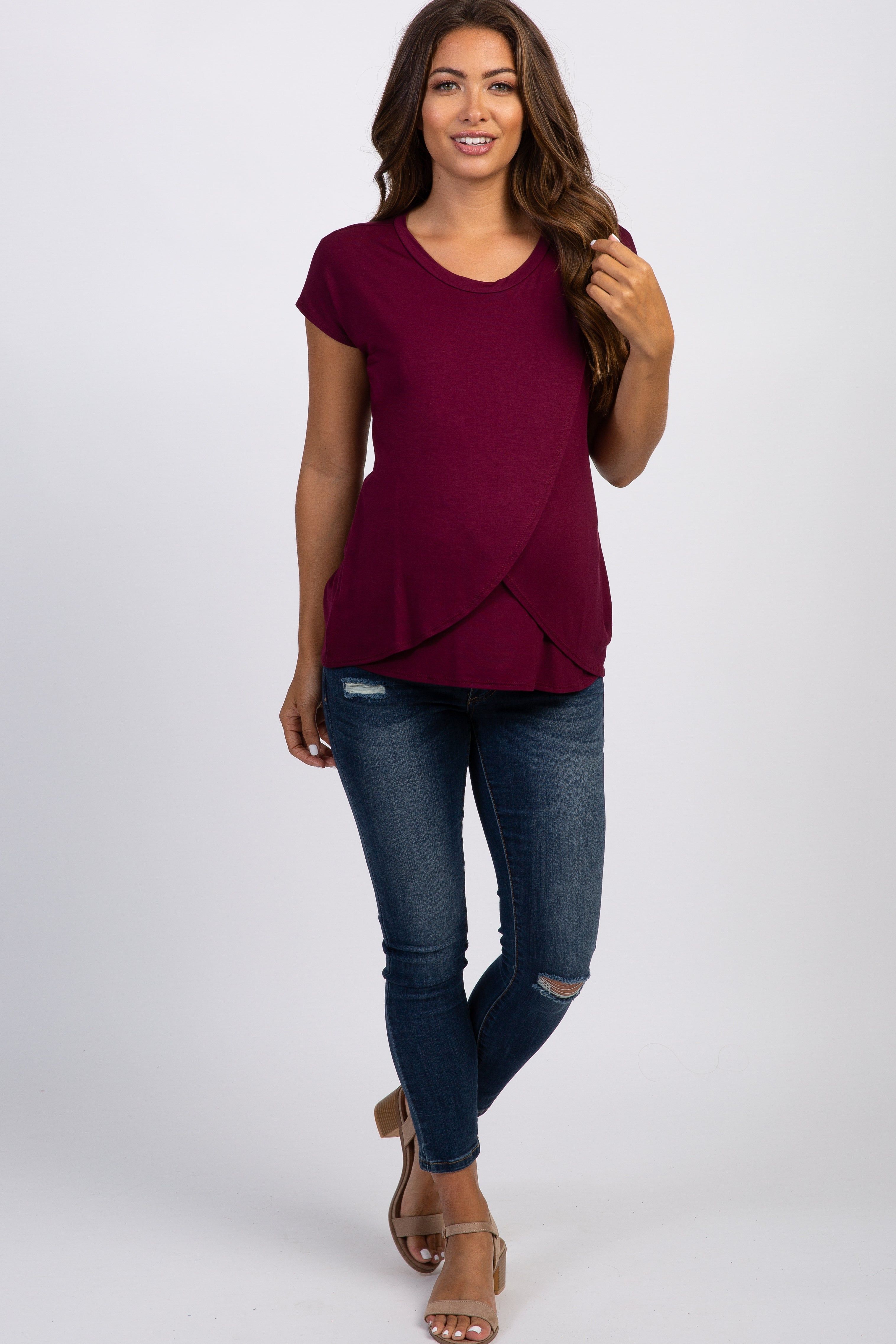 PinkBlush Burgundy Layered Wrap Front Maternity Nursing Top sold by Pinkblush product image thumbnail 4