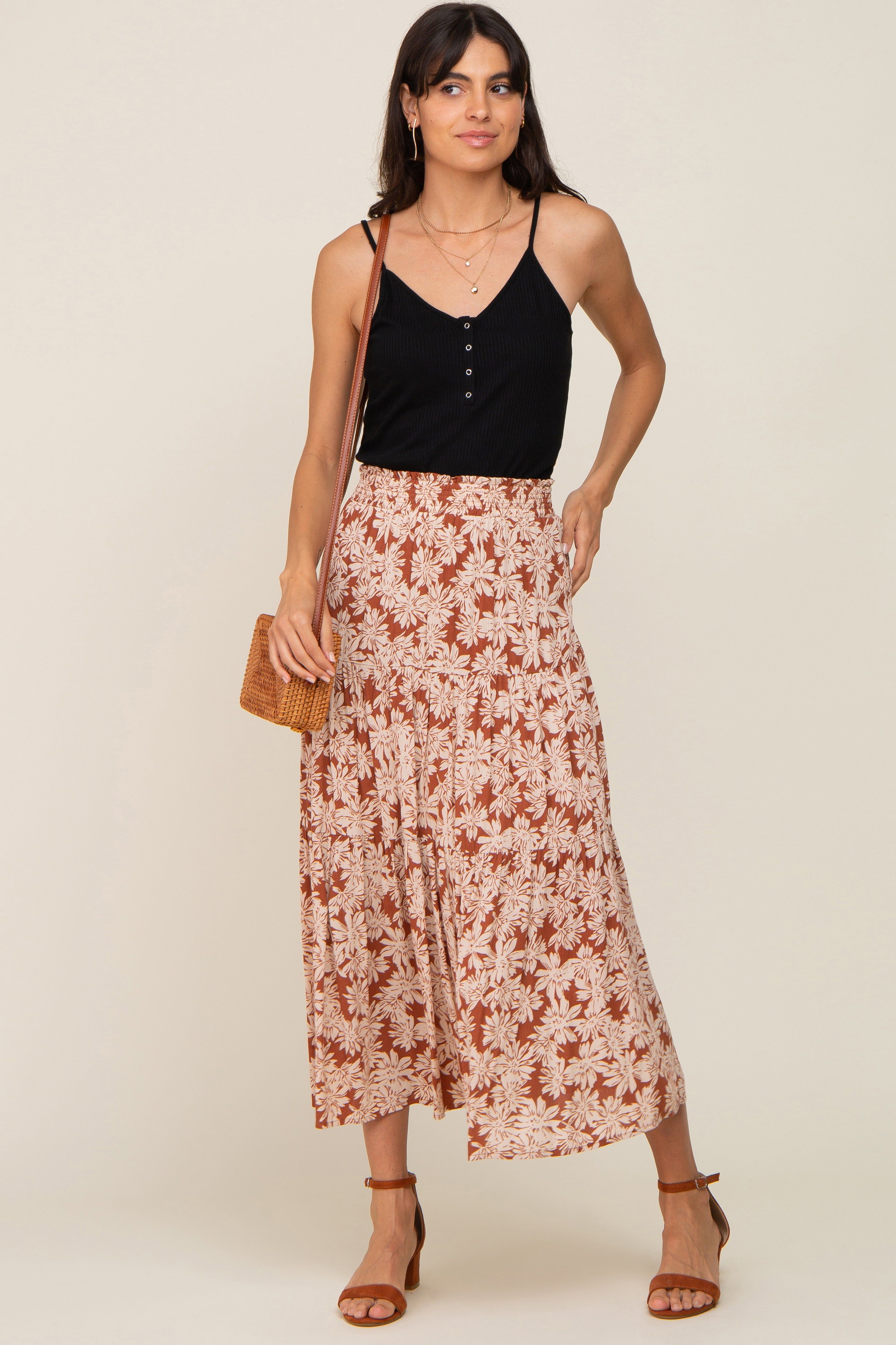 Mocha Floral Tiered Maxi Skirt sold by Pinkblush