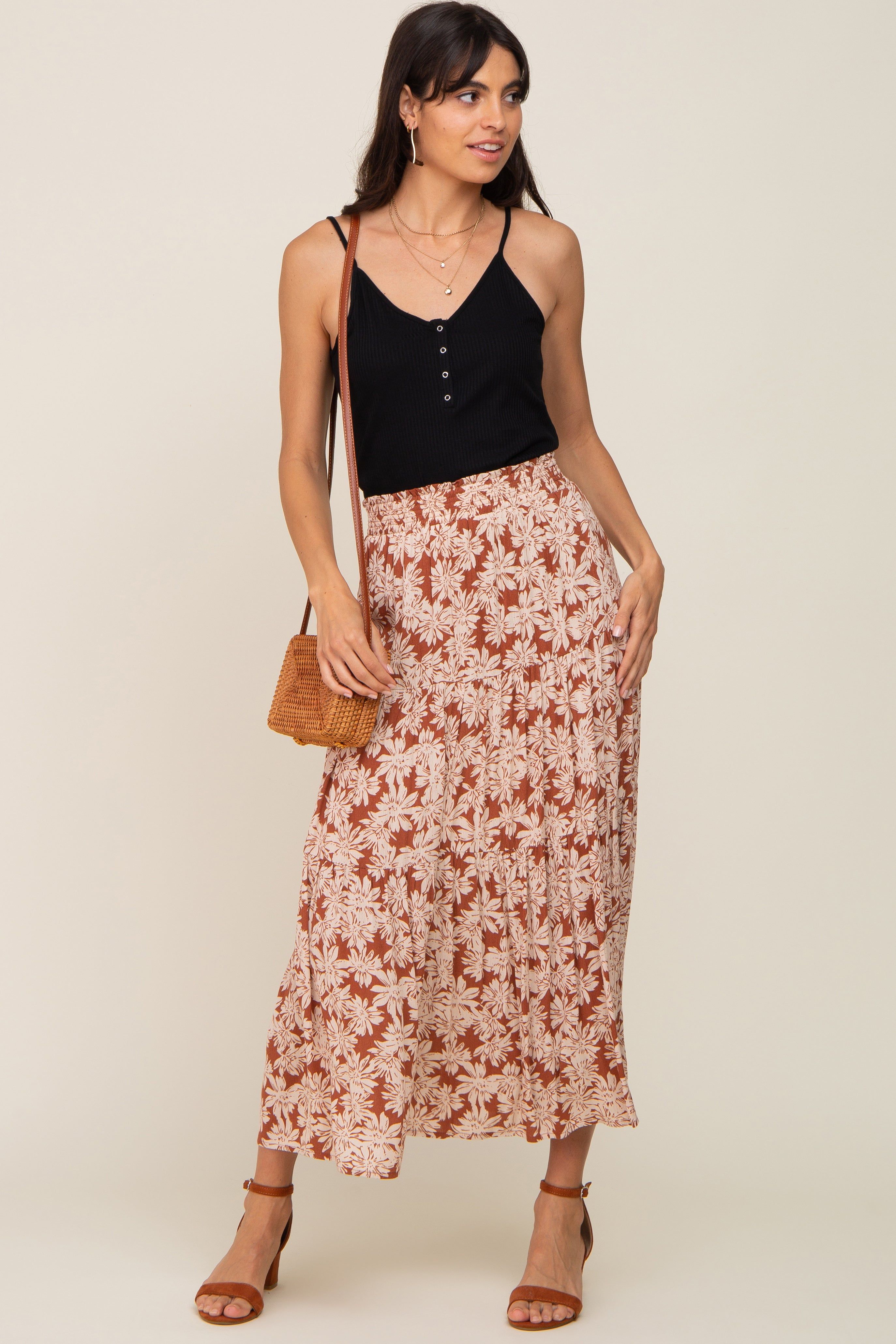 Mocha Floral Tiered Maxi Skirt sold by Pinkblush product image thumbnail 5