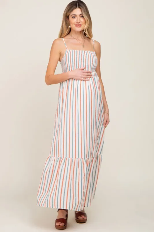 Ivory Striped Smocked Maternity Maxi Dress sold by Pinkblush