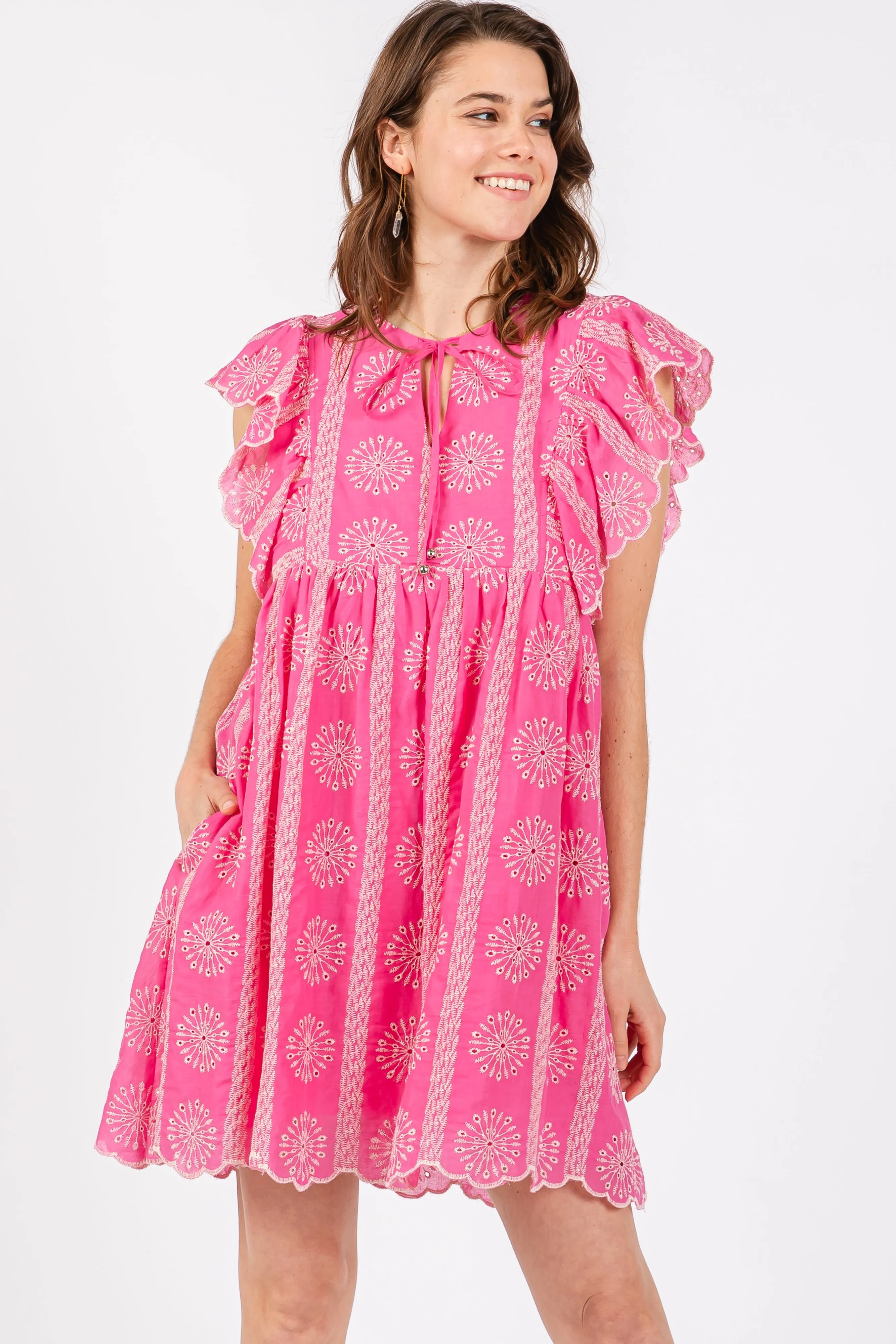 Pink Embroidered Flutter Sleeve Dress sold by Pinkblush