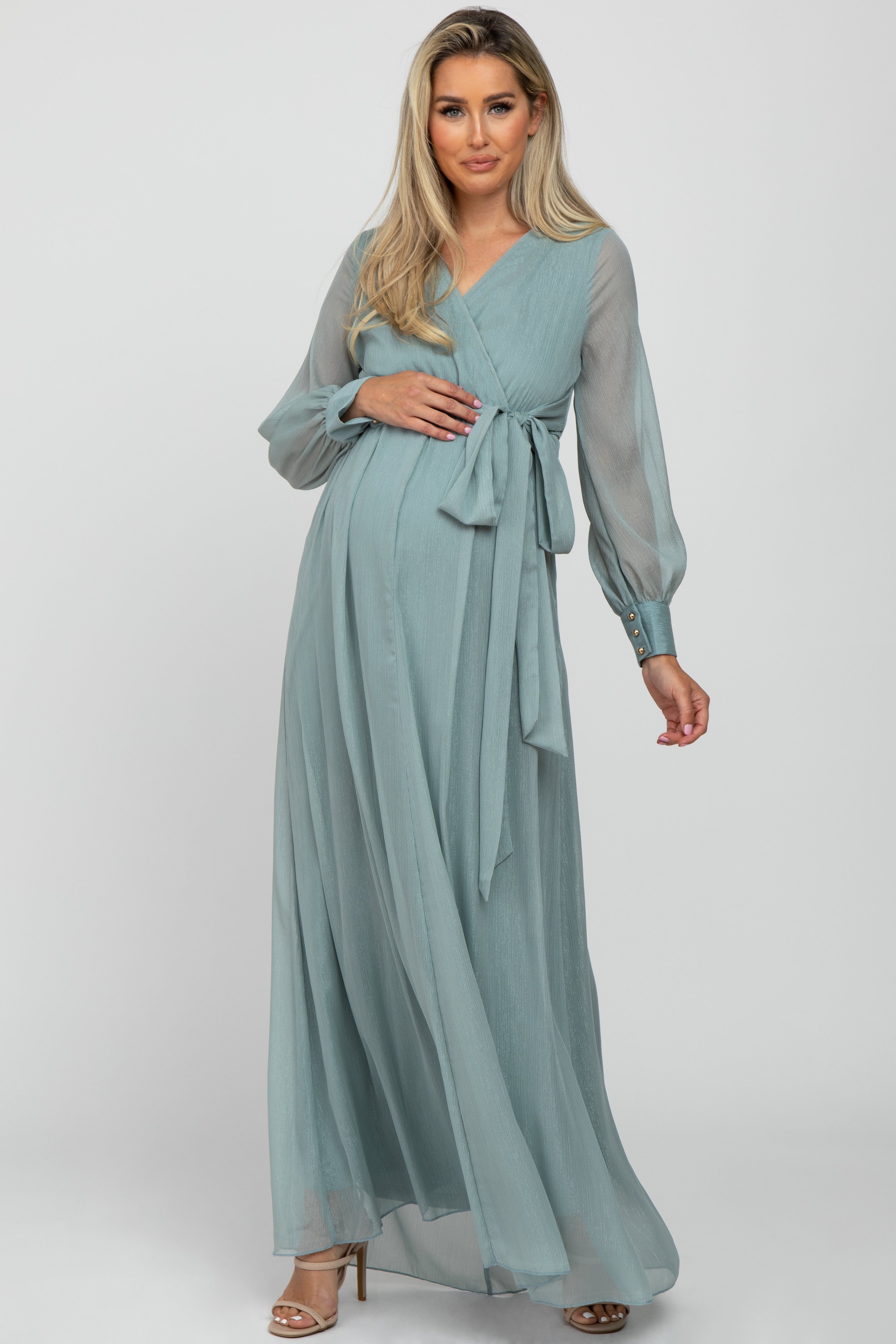 Mint Green Metallic Chiffon Maternity Maxi Dress sold by Pinkblush