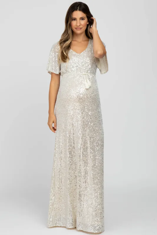 Cream Sequin Short Sleeve Maternity Maxi Dress sold by Pinkblush
