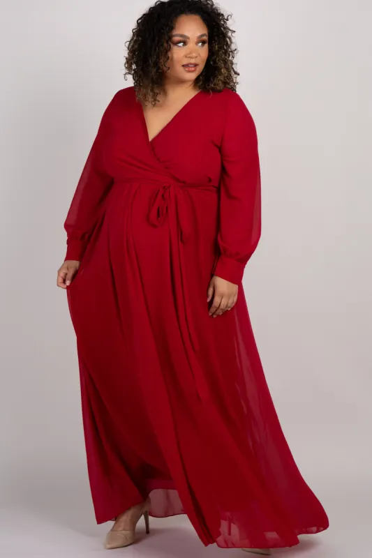 Burgundy Chiffon Long Sleeve Plus Maternity Maxi Dress sold by Pinkblush