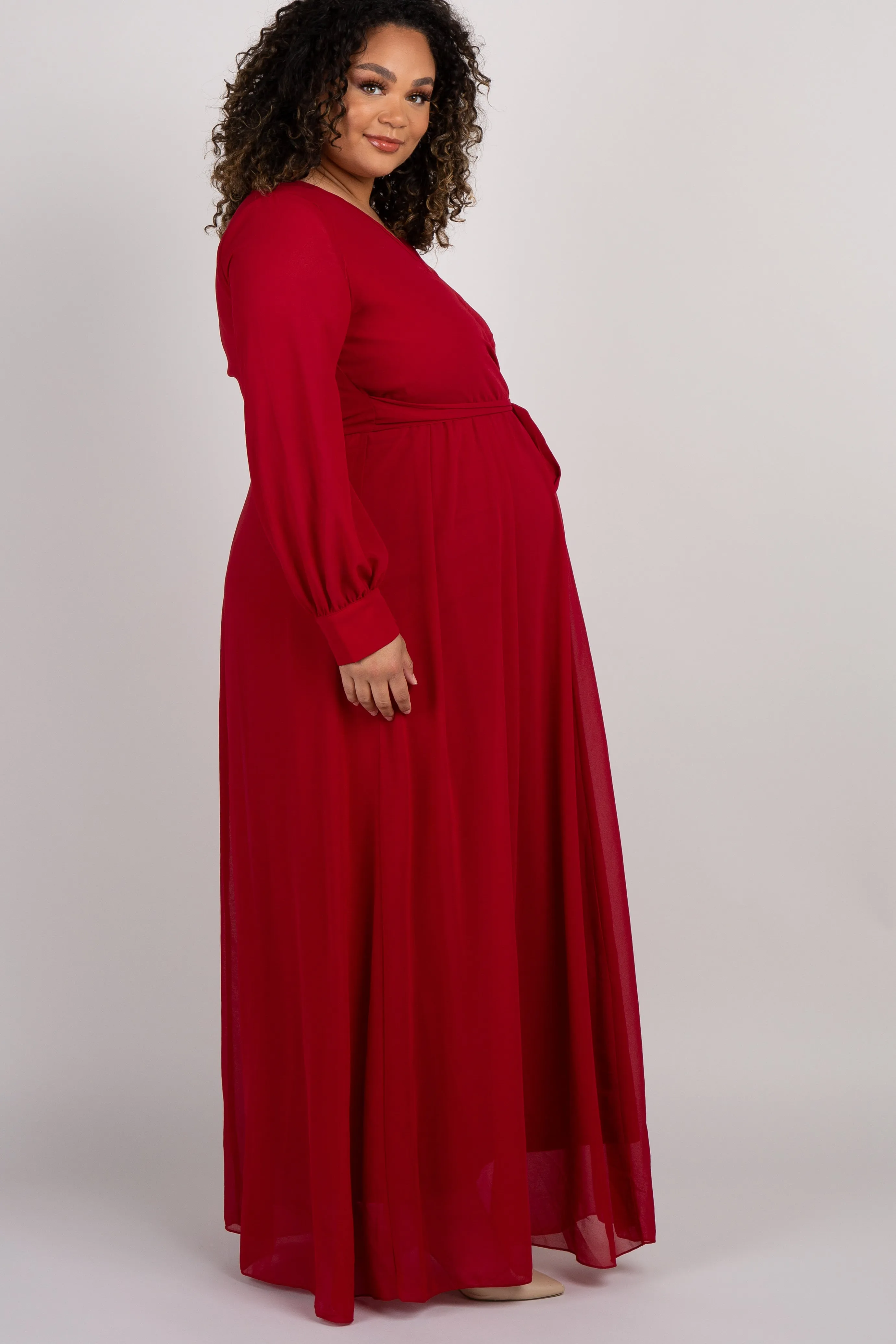 Burgundy Chiffon Long Sleeve Plus Maternity Maxi Dress sold by Pinkblush product image thumbnail 2