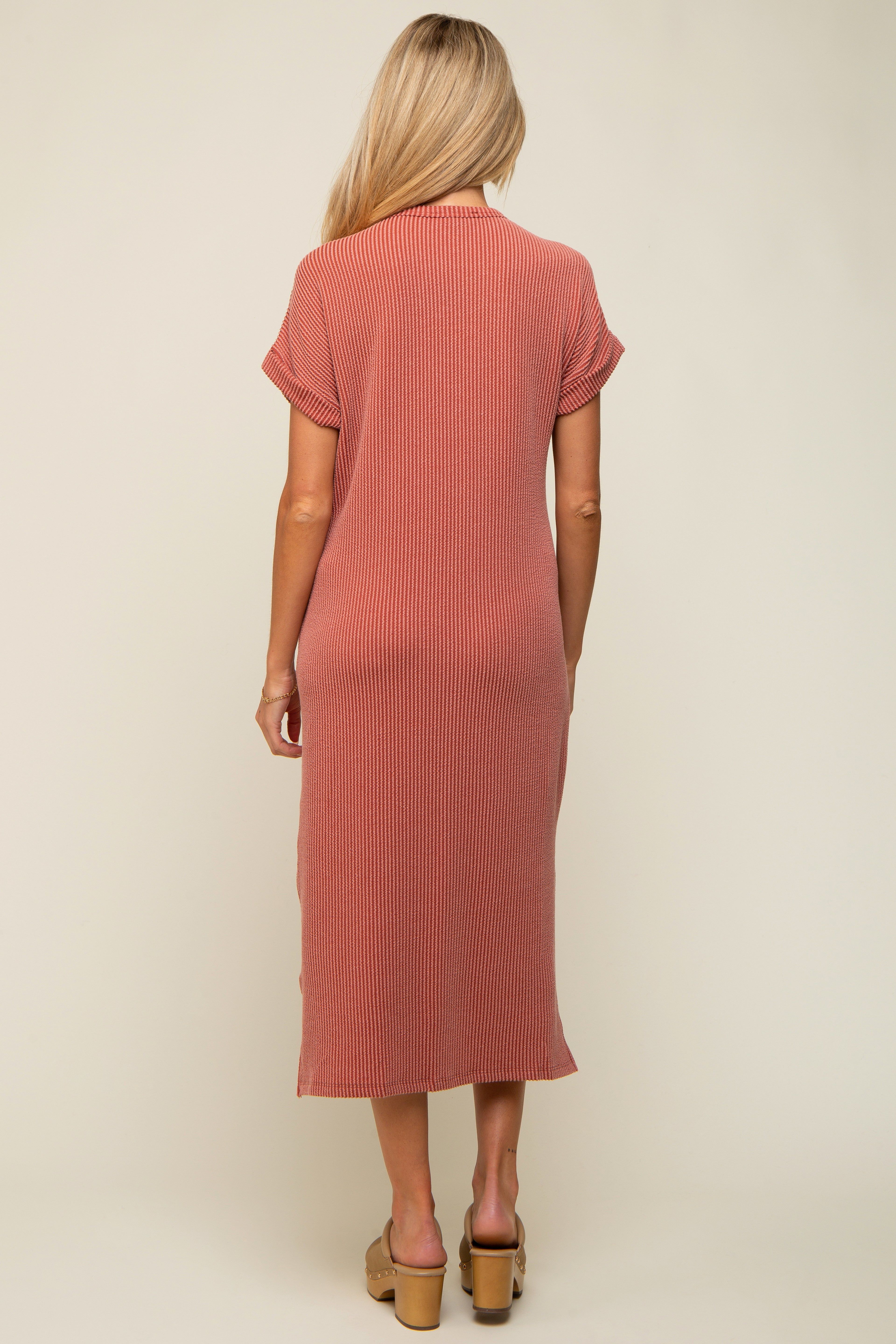Rust Ribbed Short Sleeve Maternity Midi Dress sold by Pinkblush product image thumbnail 4