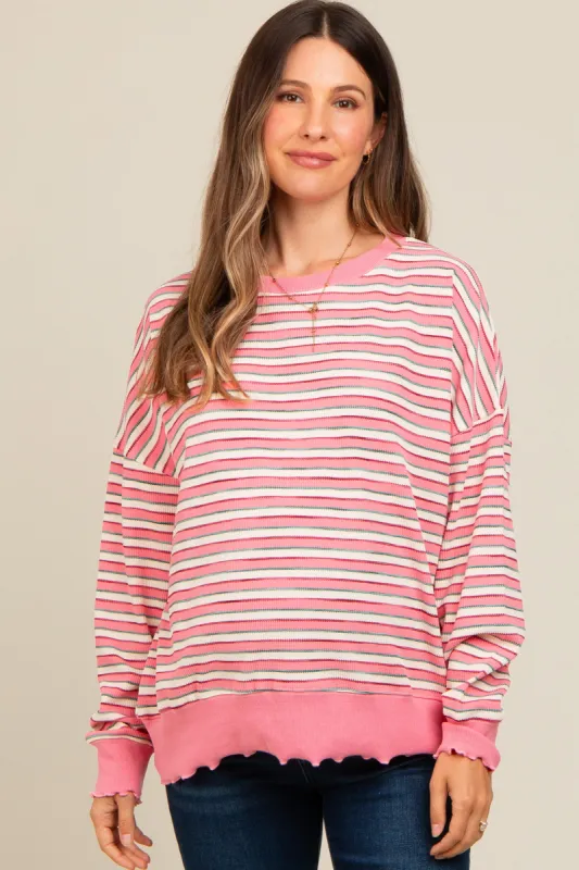 Pink Striped Ruffle Hem Maternity Long Sleeve Top sold by Pinkblush