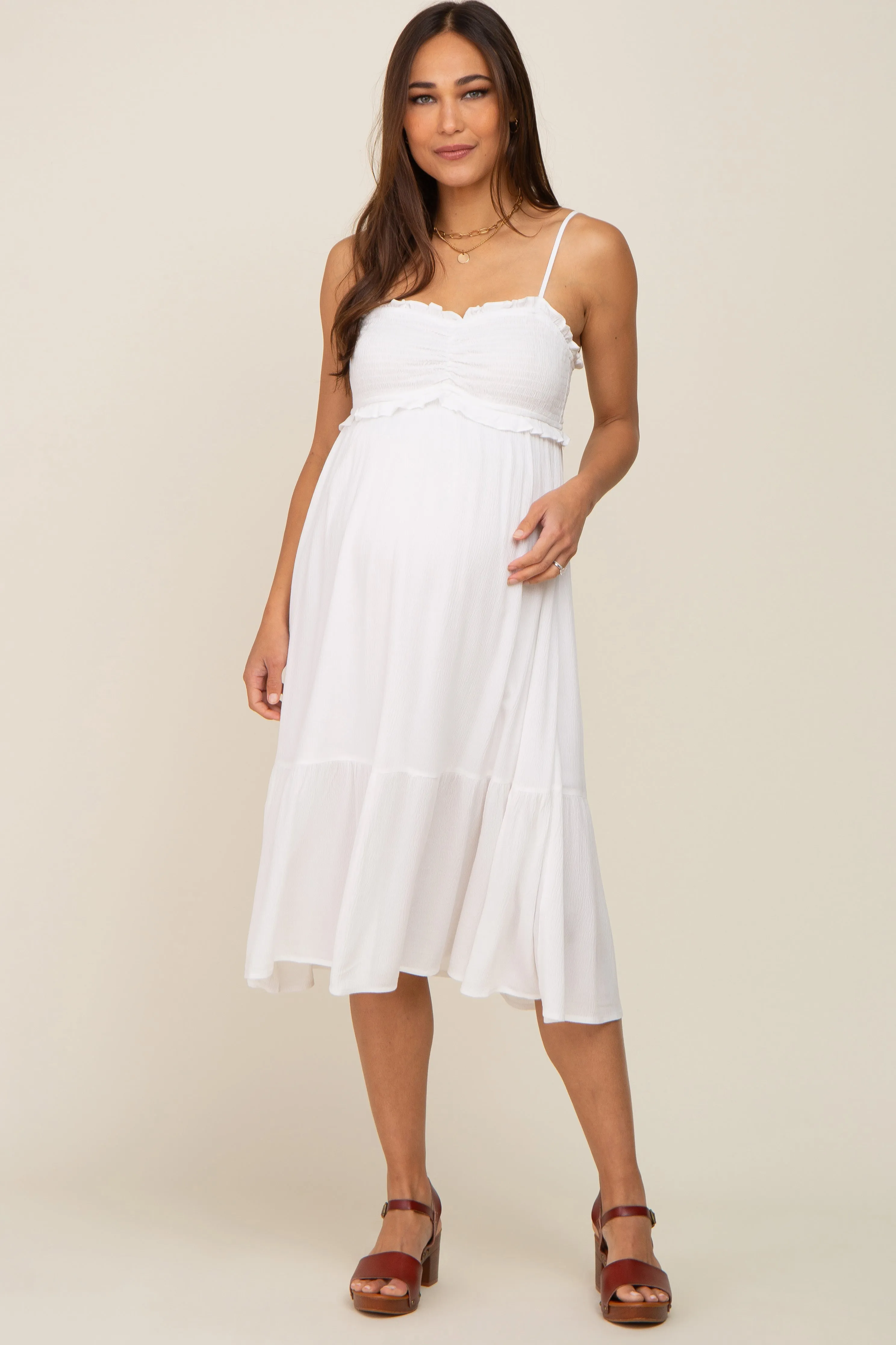 Ivory Smocked Ruffle Accent Maternity Midi Dress sold by Pinkblush