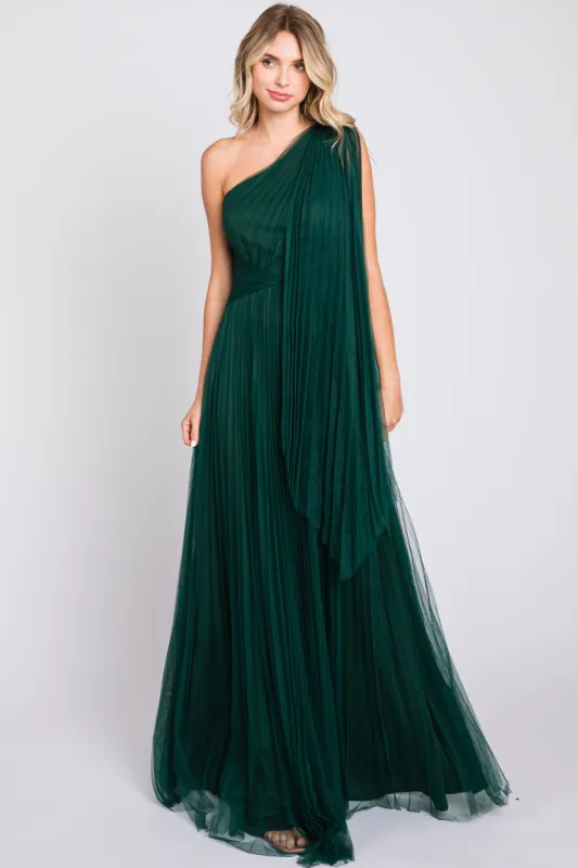Forest Green One Shoulder Pleated Mesh Gown sold by Pinkblush