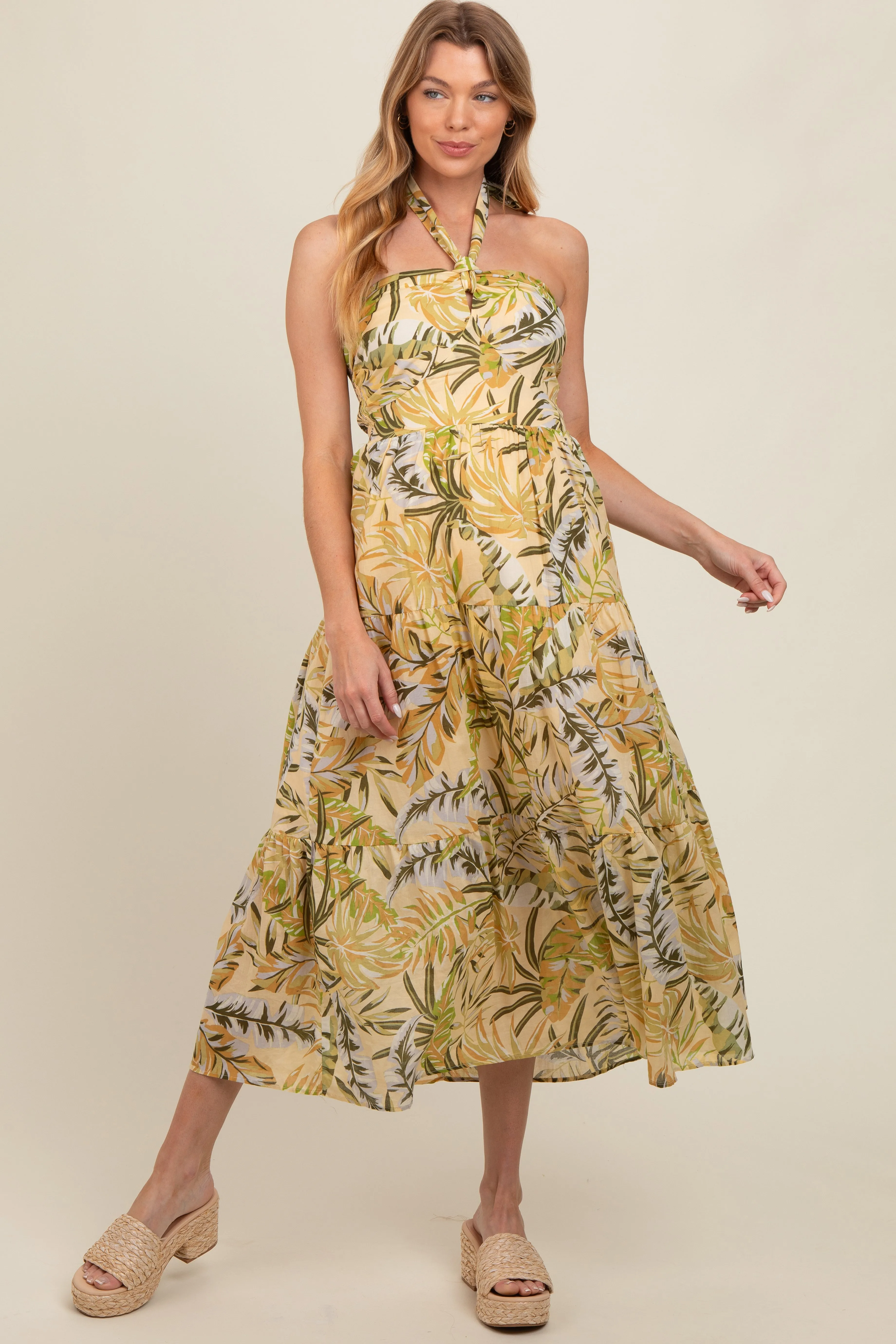 Light Yellow Tropical Halter Maternity Maxi Dress sold by Pinkblush
