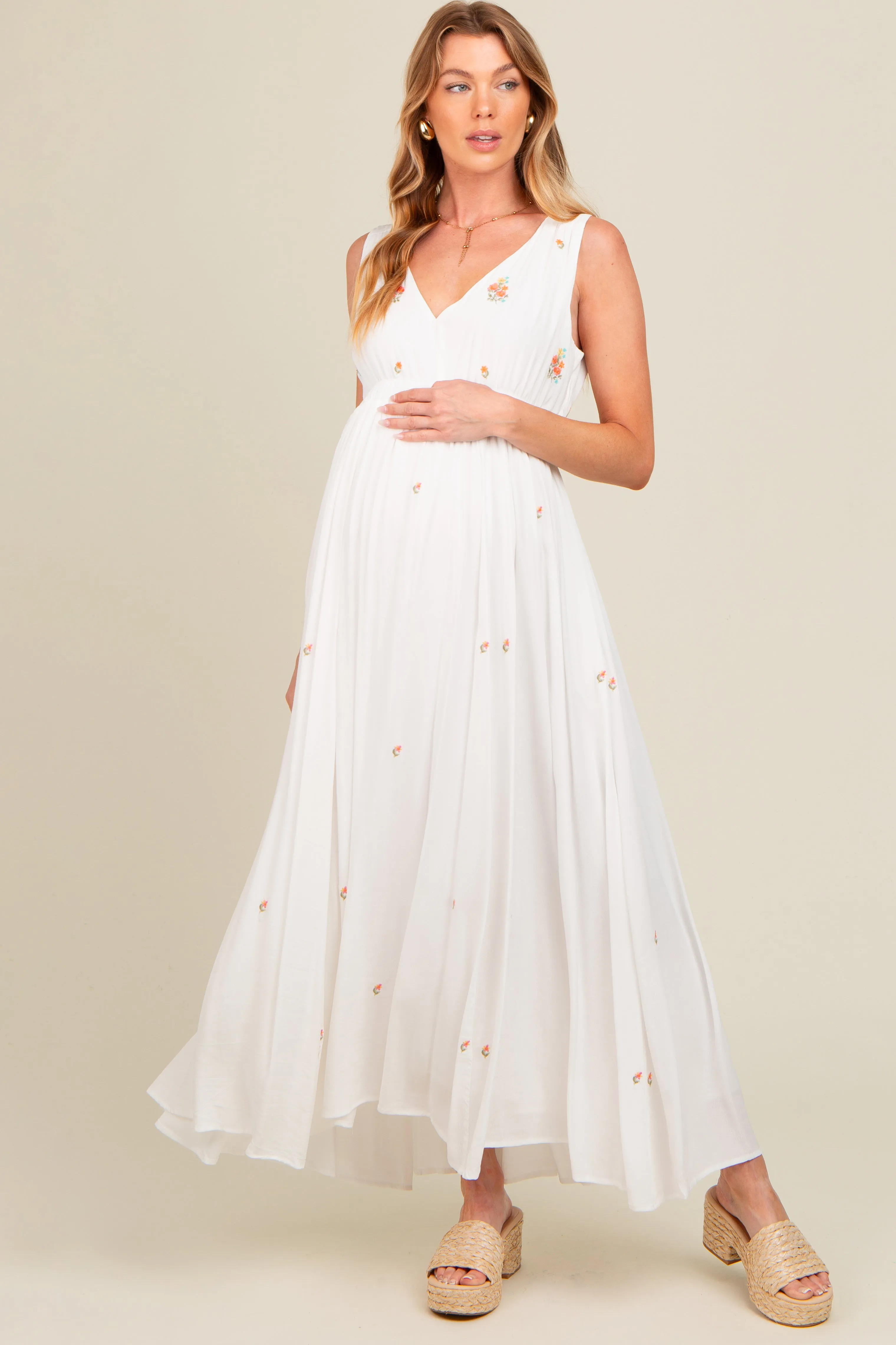 White Floral Embroidered Sleeveless Maternity Maxi Dress sold by Pinkblush