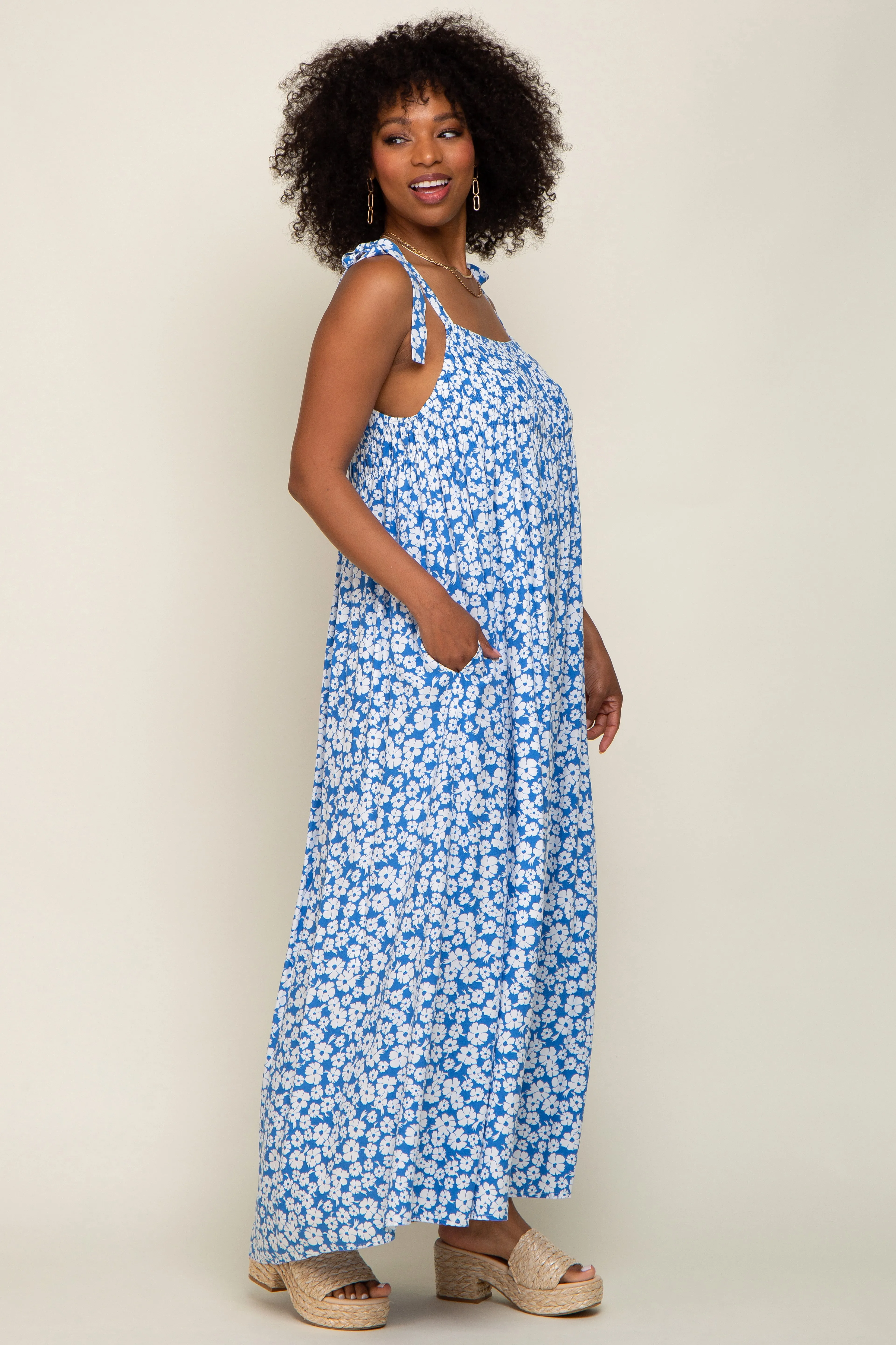Light Blue Floral Smocked Shoulder Tie Maxi Dress sold by Pinkblush product image thumbnail 2