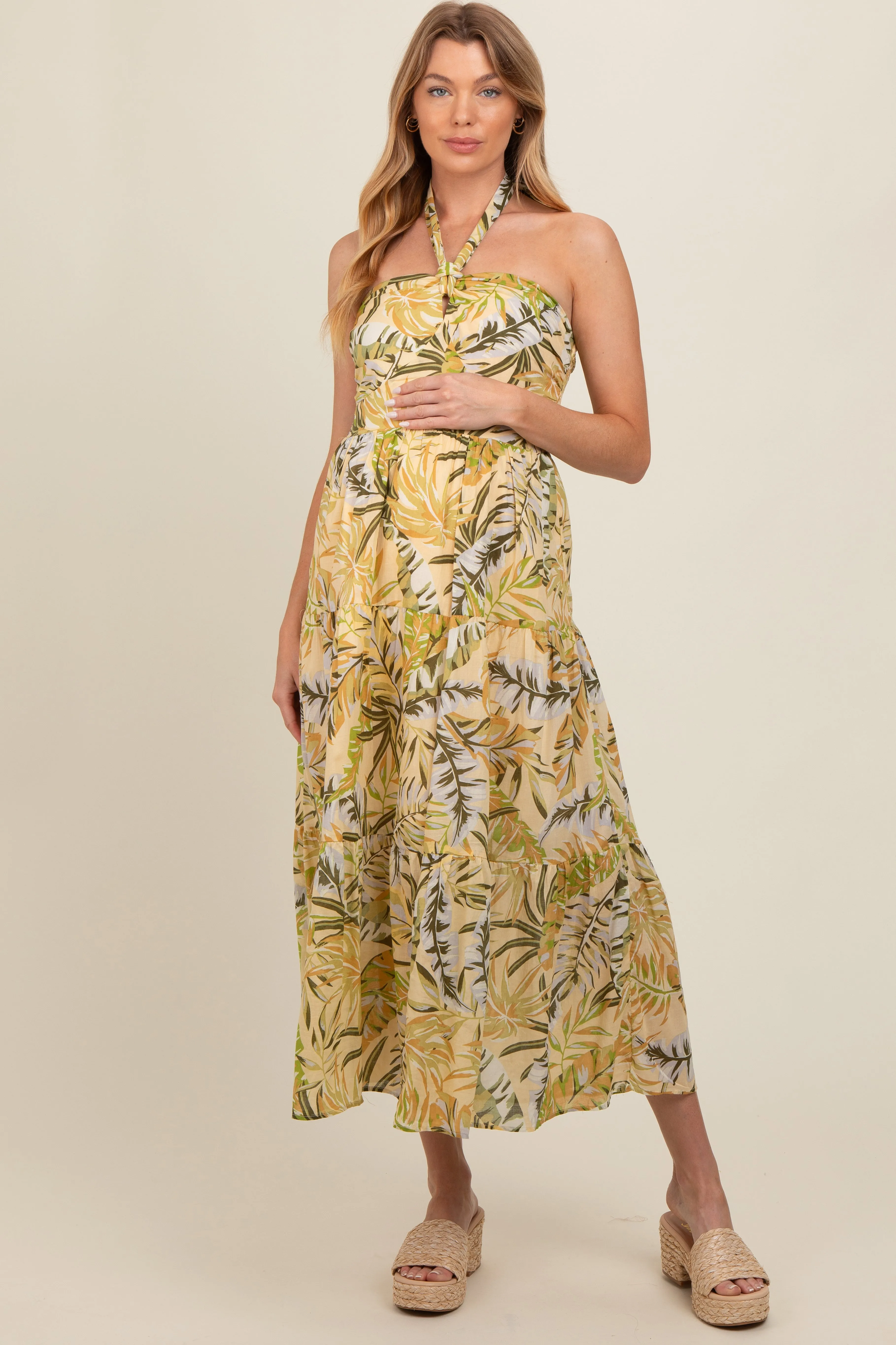 Light Yellow Tropical Halter Maternity Maxi Dress sold by Pinkblush product image thumbnail 2