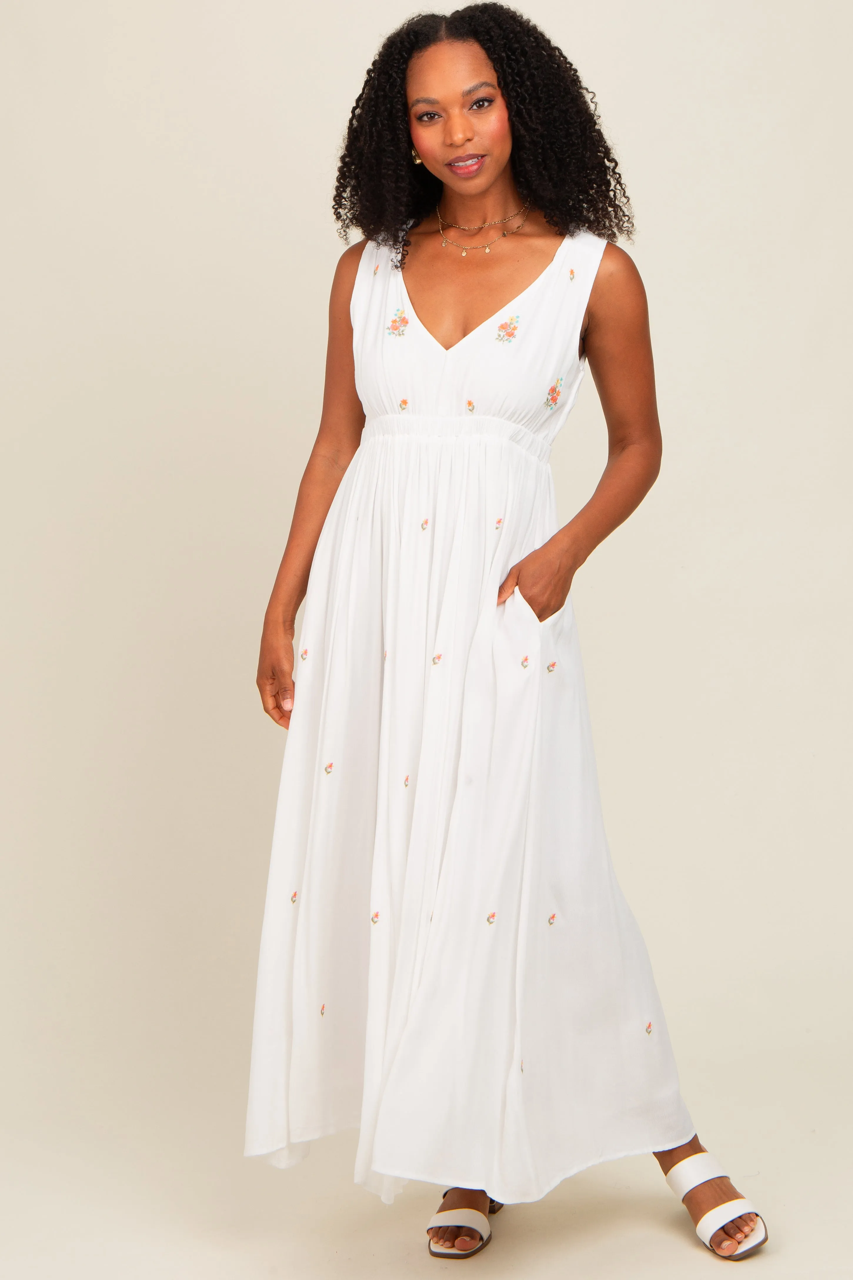 White Floral Embroidered Sleeveless Maternity Maxi Dress sold by Pinkblush product image thumbnail 5