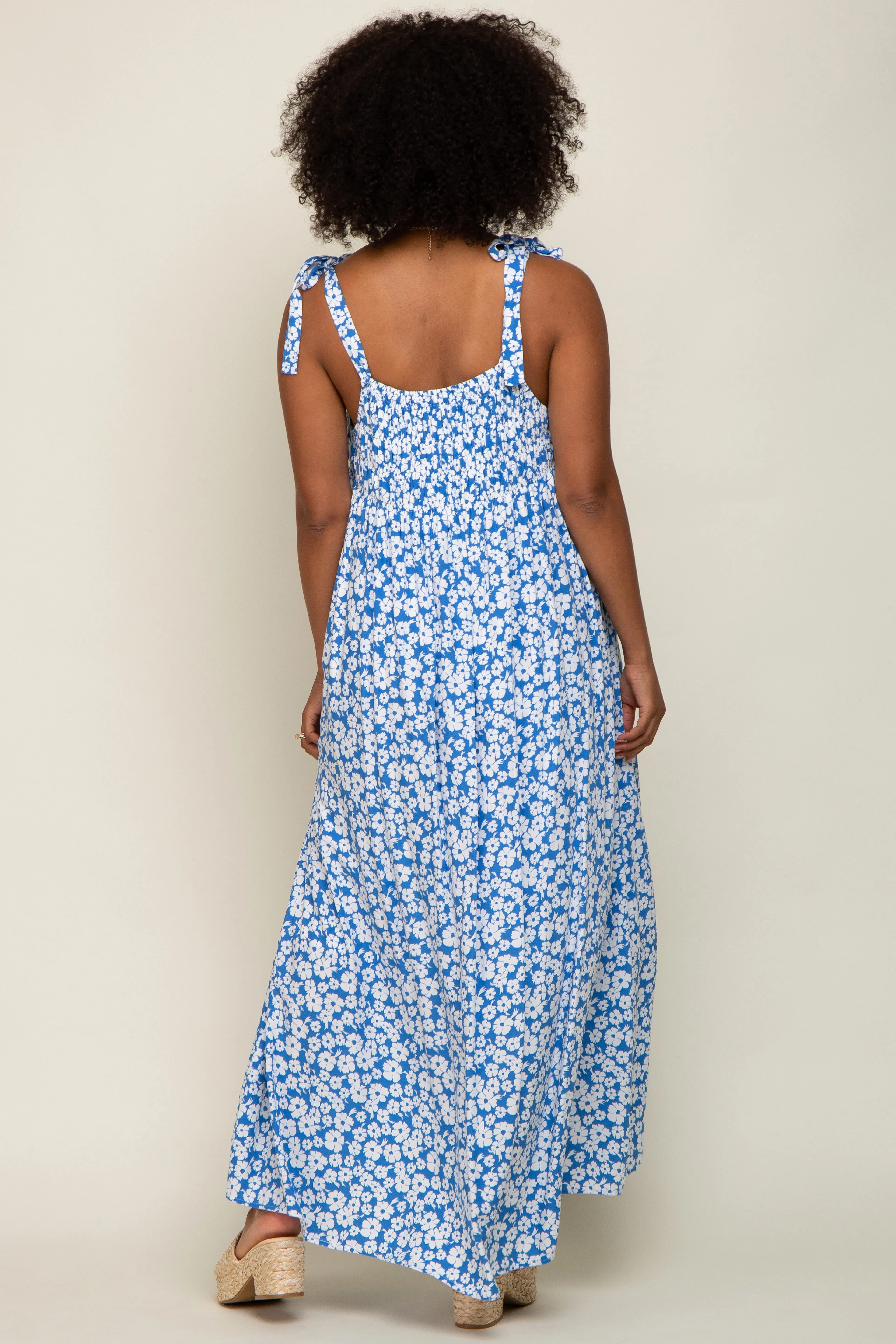 Light Blue Floral Smocked Shoulder Tie Maxi Dress sold by Pinkblush product image thumbnail 3